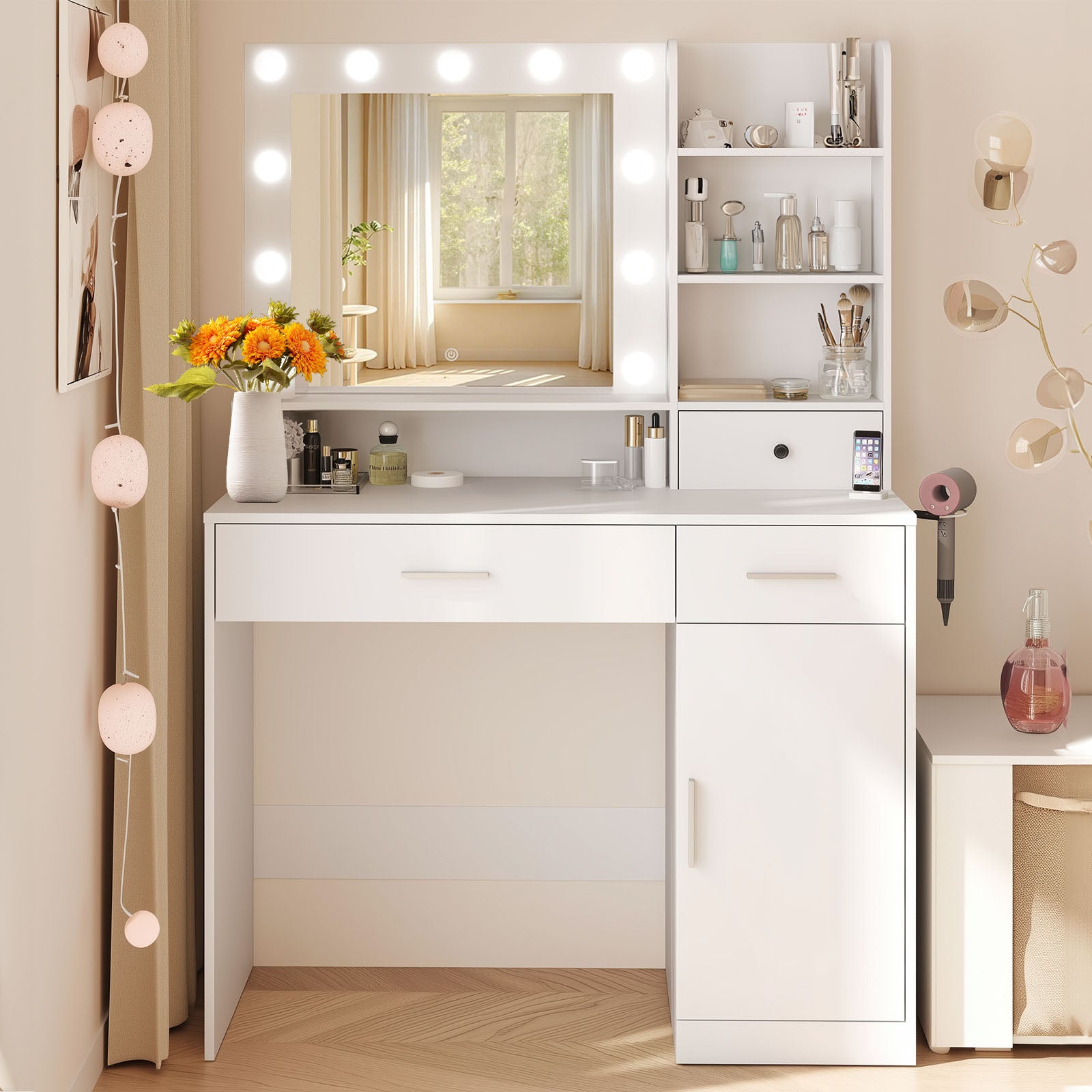 EDX Vanity Desk with Mirror and Lights, Makeup Vanity Table with Hair Dryer & Power Outlet, 2-Drawer Dressing Table for Bedroom,White