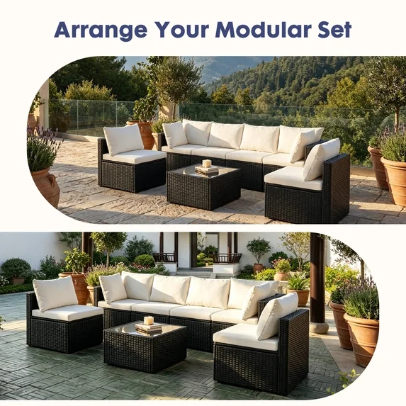 EDX 7 Piece Outdoor Wicker Patio Furniture Set, PE Rattan Sectional Conversation Set with Tempered Glass Coffee Table, Washable Cushions & Pillows for Backyard, Garden, Poolside
