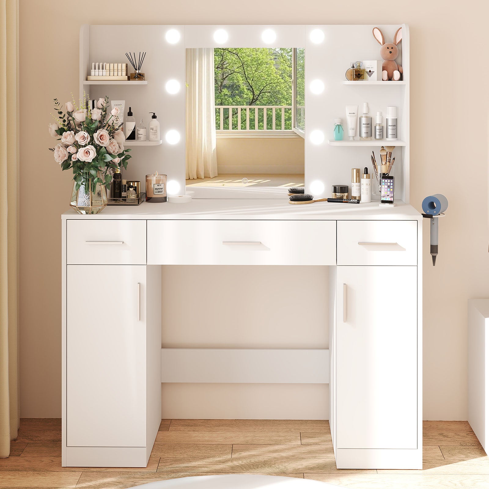 EDX Vanity Desk with Mirror and Lights, Makeup Vanity Table with Hair Dryer & Power Outlet, 2-Drawer Dressing Table for Bedroom,White