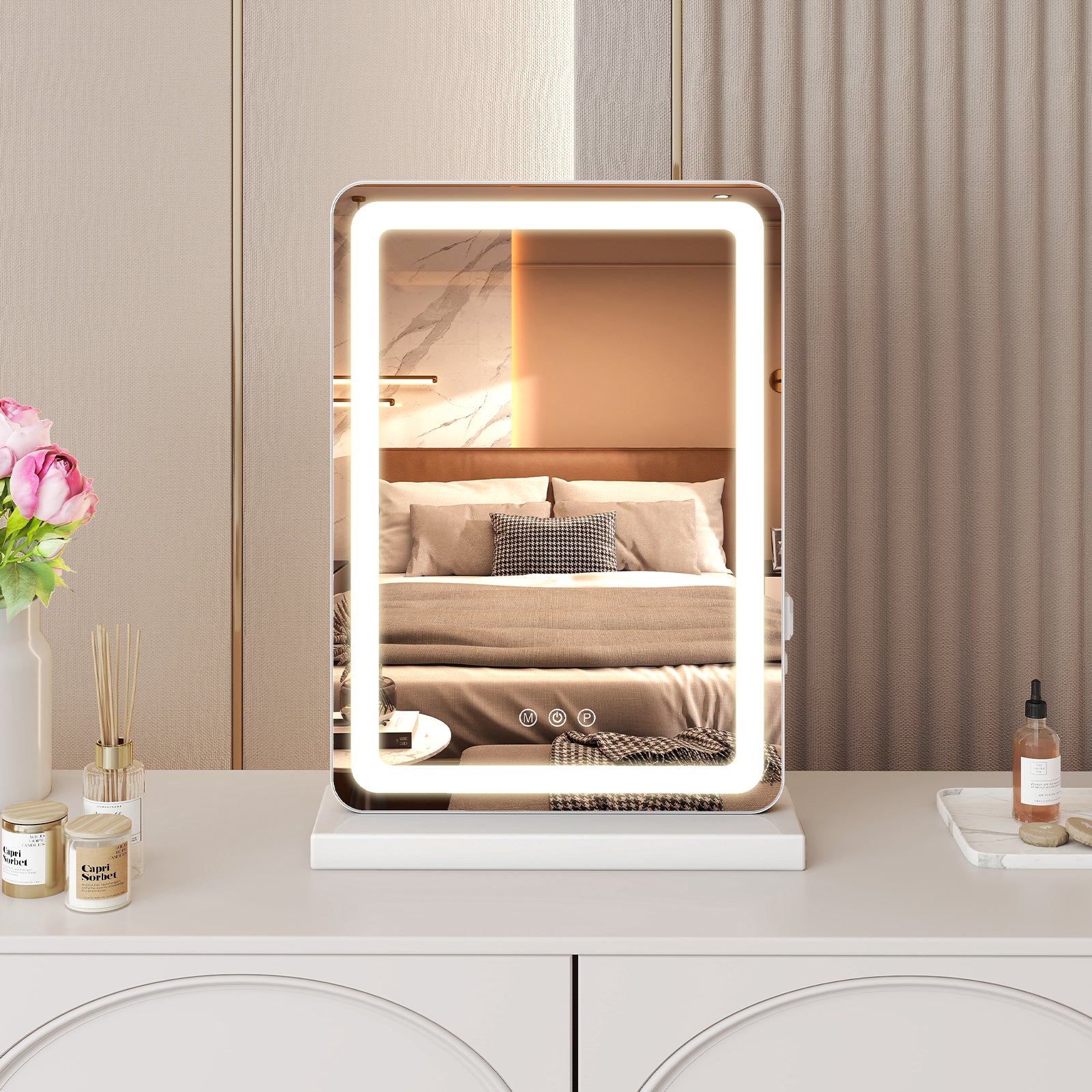 EDX Vanity Mirror with Lights, LED Makeup Mirror with Dimmable 3 Color Modes, Touch Screen Control Vanity Based Mirror Desk Mirror Square White