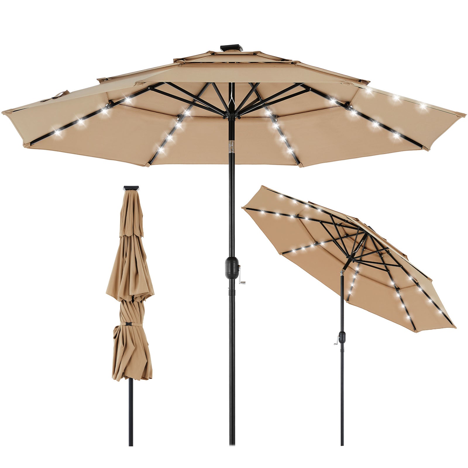edx 10ft 3-Tier Solar LED Patio Umbrella with Tilt Adjustment and UV-Resistant Polyester Fabric, Outdoor Market Umbrella, Khaki