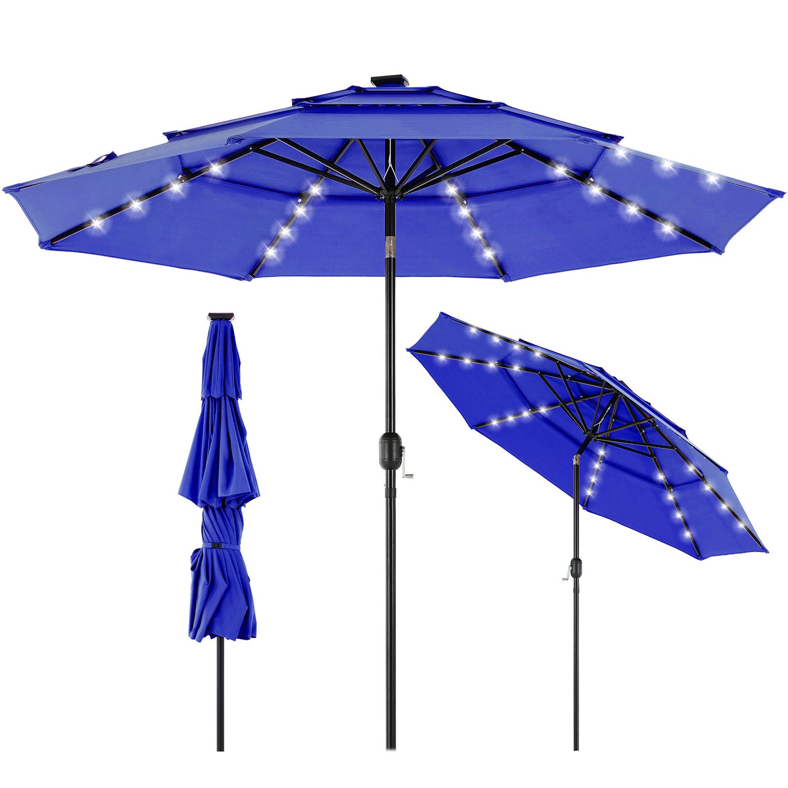 edx 10ft 3-Tier Solar LED Patio Umbrella with Tilt Adjustment and UV-Resistant Polyester Fabric, Outdoor Market Umbrella, Khaki