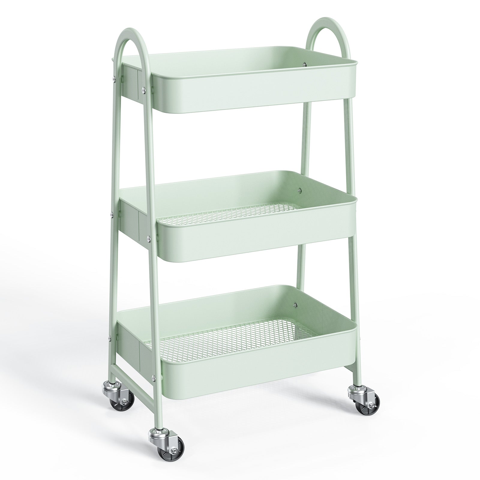 3 Tier Utility Rolling Cart, Metal Storage Cart with Handle and Lockable Wheels, Multifunctional Storage Organizer Trolley with Mesh Baskets for Kitchen, Living Room, Office
