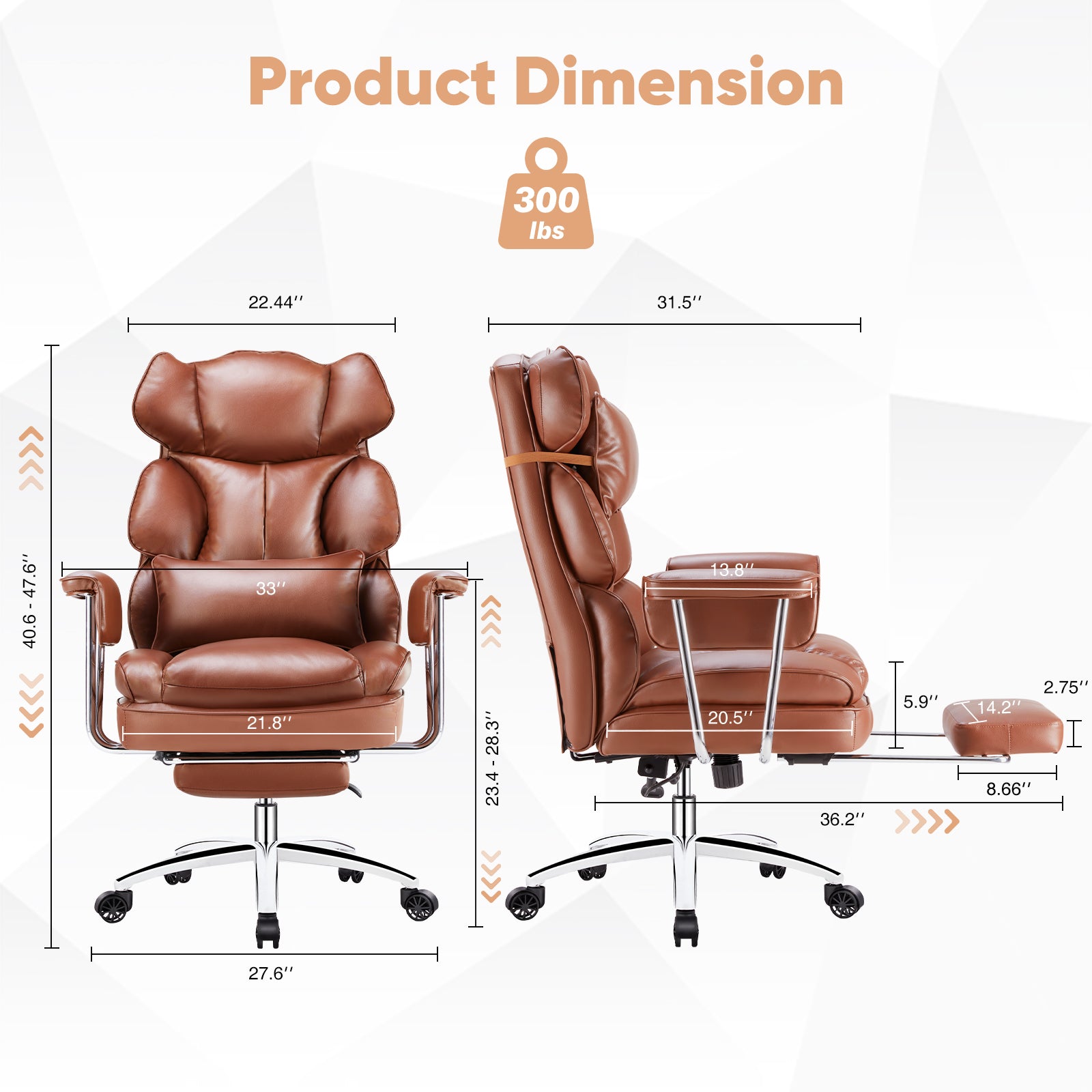 Executive Ergonomic Home Office Chair with Footrest & Lumbar Support, Big Tall High Back, PU Leather, Adjustable & Swivel
