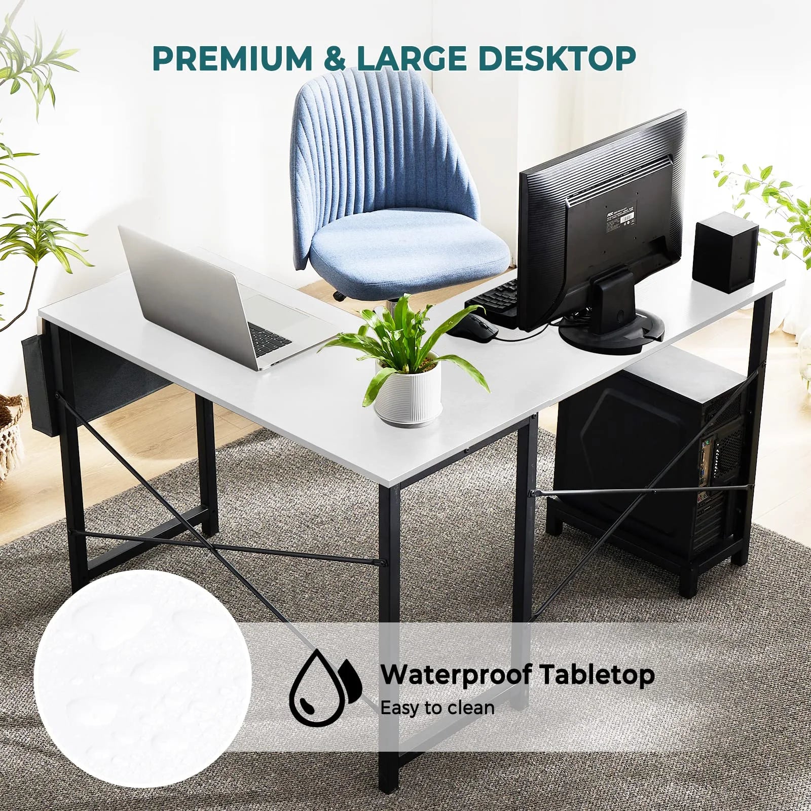 Office Desk, L Shaped Corner Computer Desk with Side Storage Bag and CPU Stand Shelf, 49 Inch