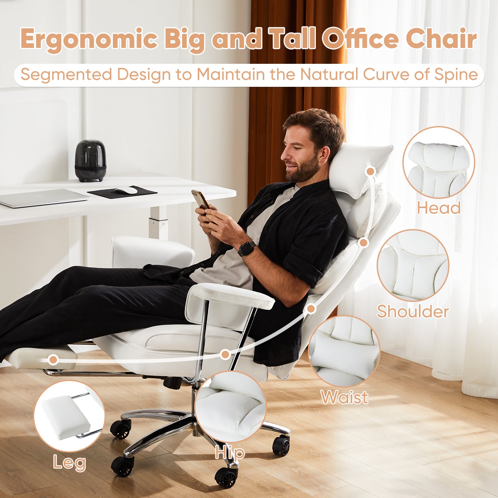 Executive Ergonomic Home Office Chair with Footrest & Lumbar Support, Big Tall High Back, PU Leather, Adjustable & Swivel