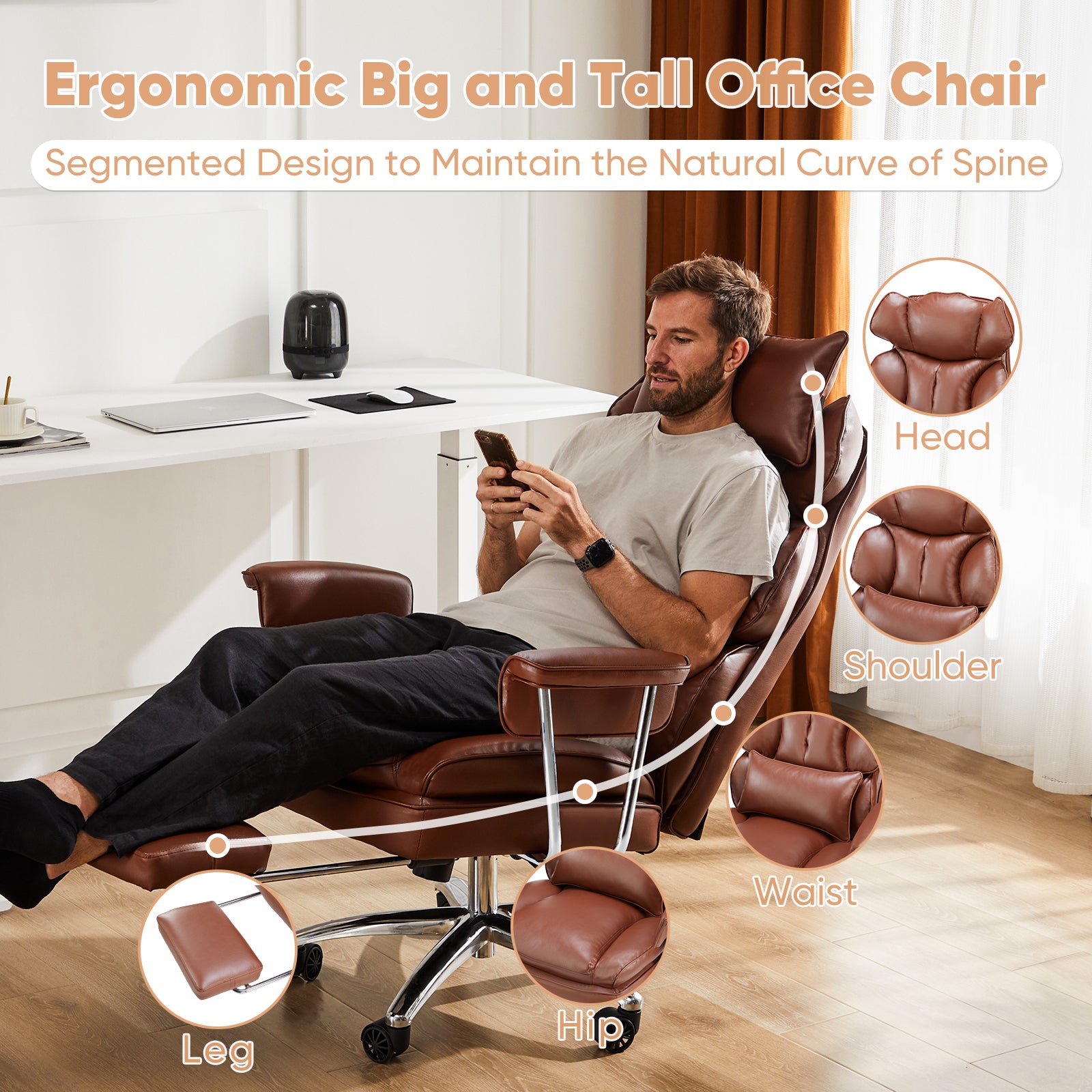 Executive Ergonomic Home Office Chair with Footrest & Lumbar Support, Big Tall High Back, PU Leather, Adjustable & Swivel