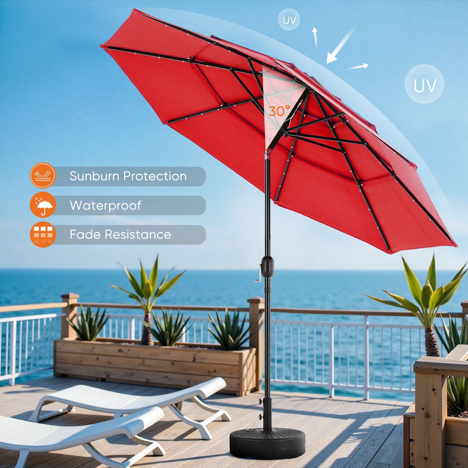 edx 10ft 3-Tier Solar LED Patio Umbrella with Tilt Adjustment and UV-Resistant Polyester Fabric, Outdoor Market Umbrella, Khaki