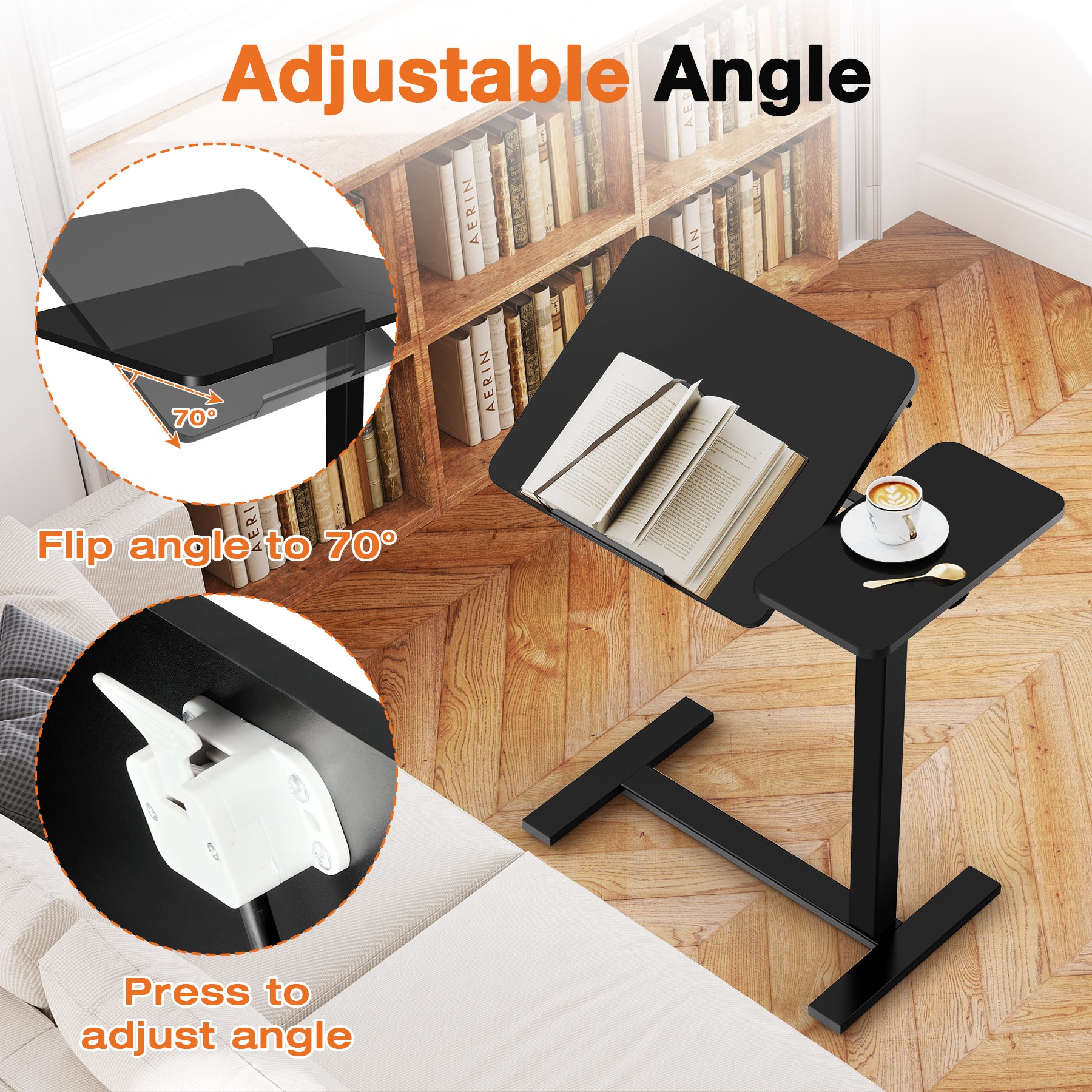 ZUNMOS Overbed Bedside Lap Desk with Wheels and Tilt Top, Mobile Standing Lap Desk Pneumatic Adjustable Height for Home Office Bedroom Sofa