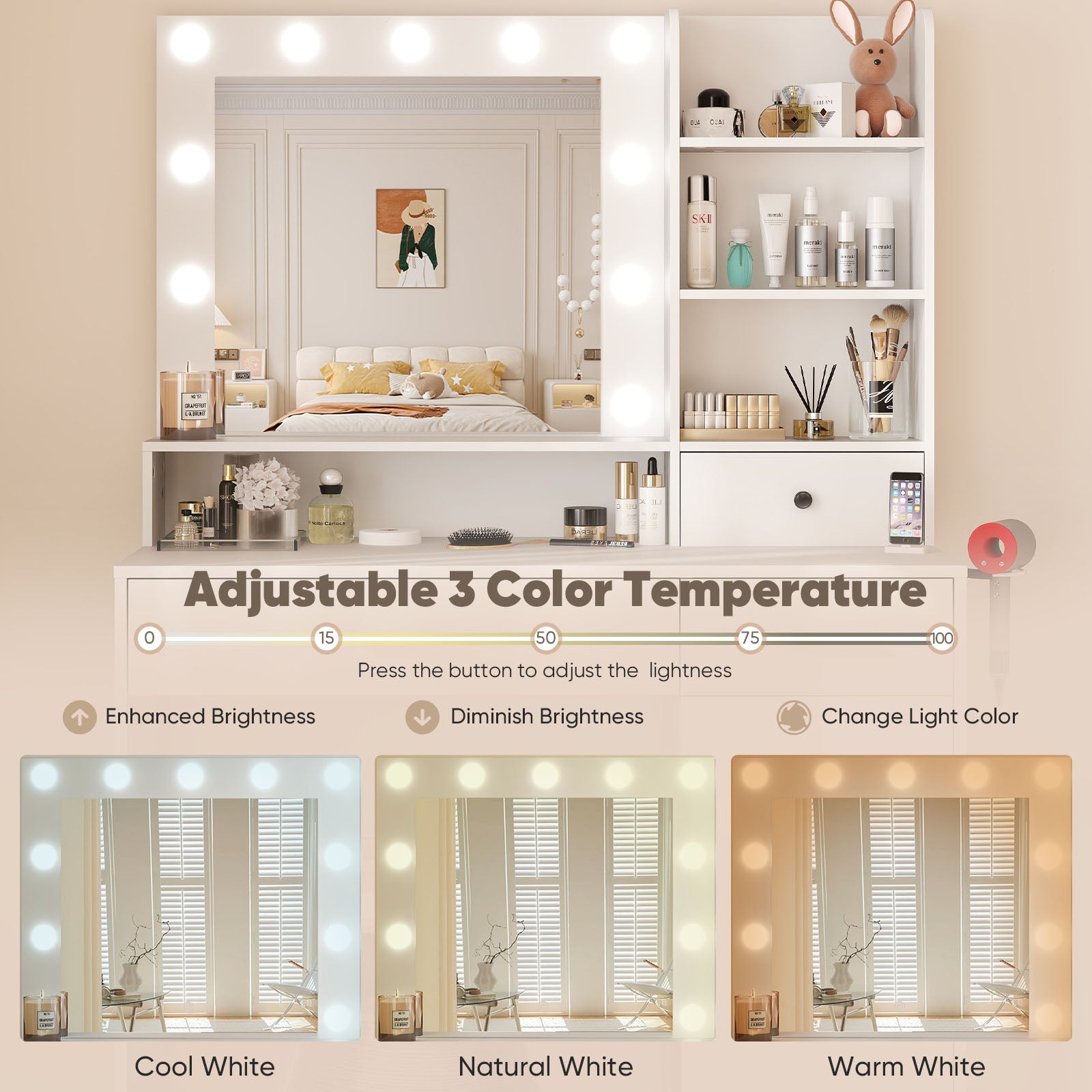 Vanity Desk with Mirror, Makeup Vanity Table with 3 Color Light Options Adjustable Brightness for Bedroom Dressing Room, White