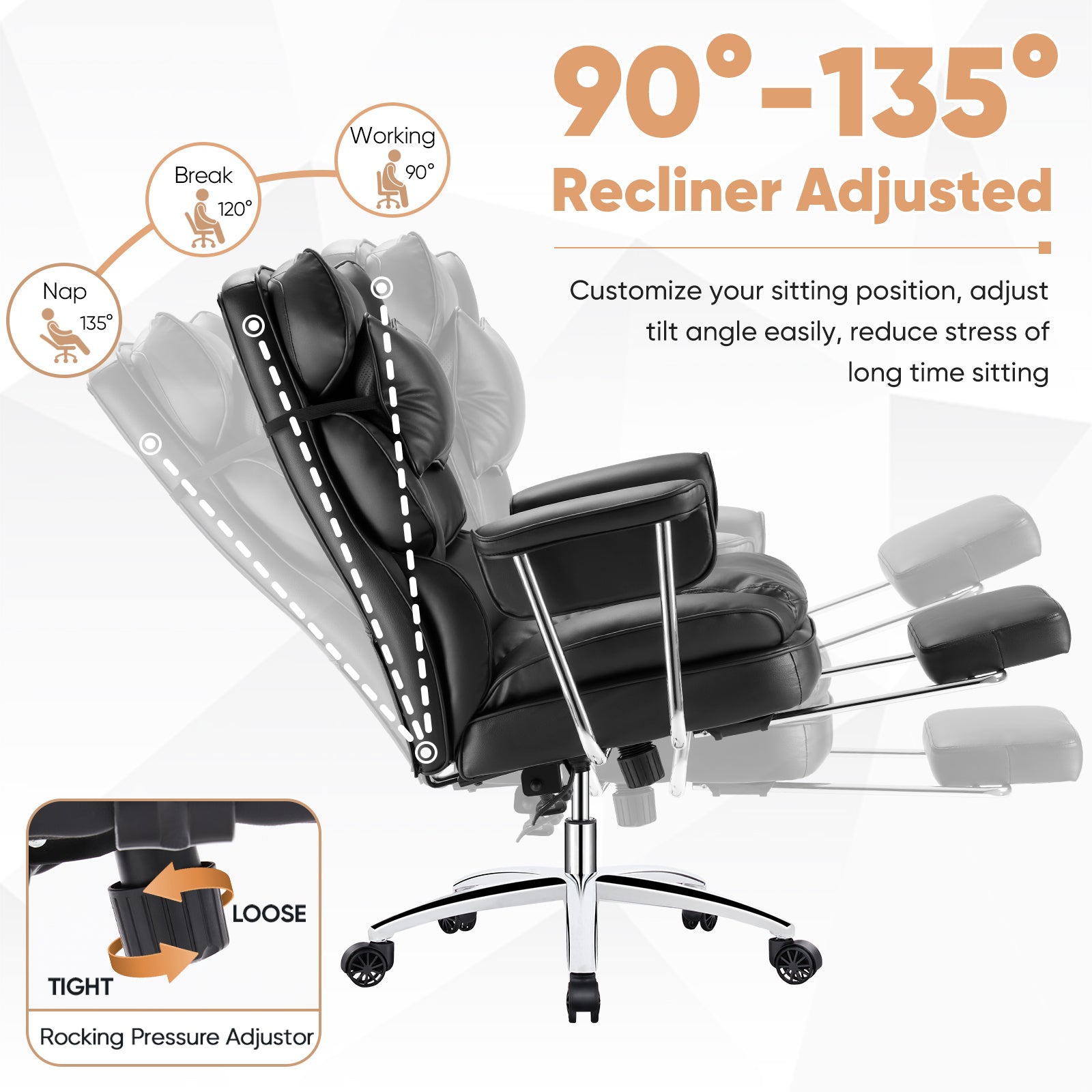 Executive Ergonomic Home Office Chair with Footrest & Lumbar Support, Big Tall High Back, PU Leather, Adjustable & Swivel