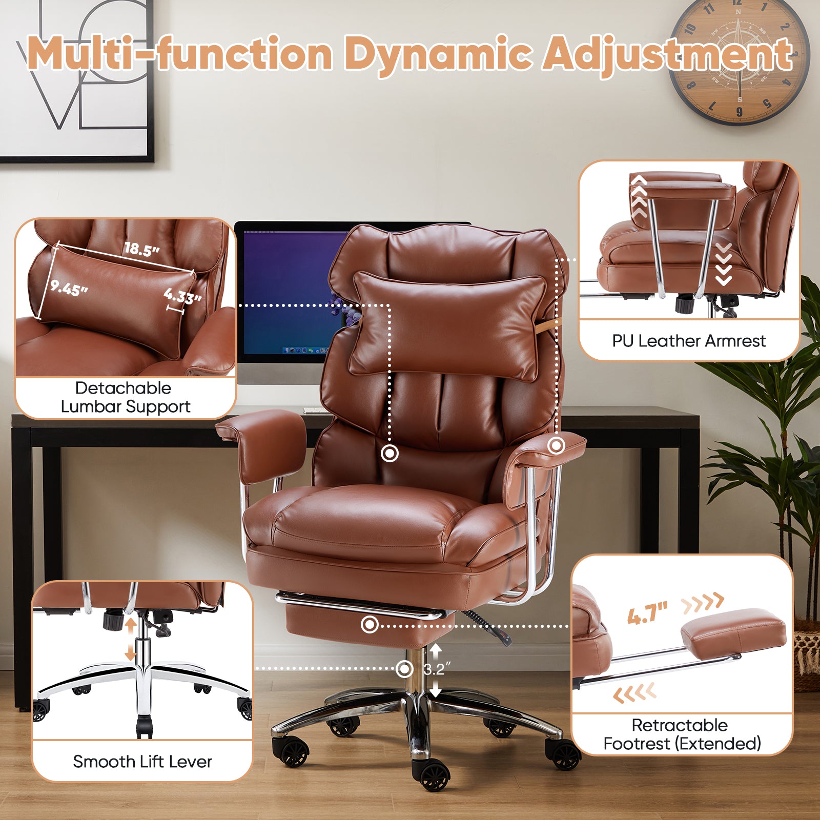 Executive Ergonomic Home Office Chair with Footrest & Lumbar Support, Big Tall High Back, PU Leather, Adjustable & Swivel