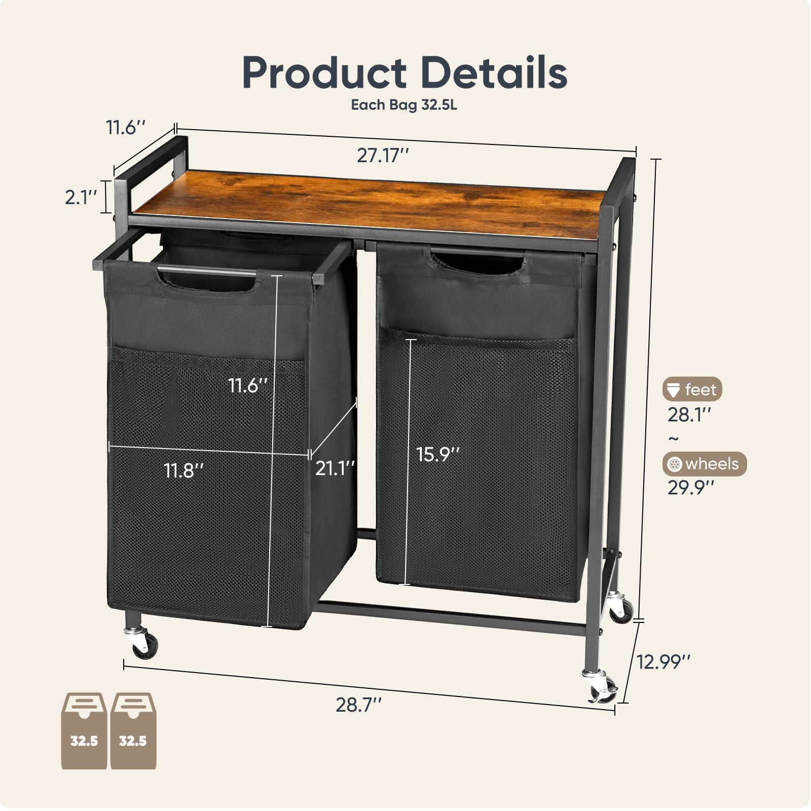 Laundry Hamper with 2 Pull-Out Removable Laundry Bags Clothes Sorter with Shelf and Wheels(Adjustable feet), 2 x 11.2 Gallons (42.5 Liters) for Laundry Rooms, Bathrooms and Dorms