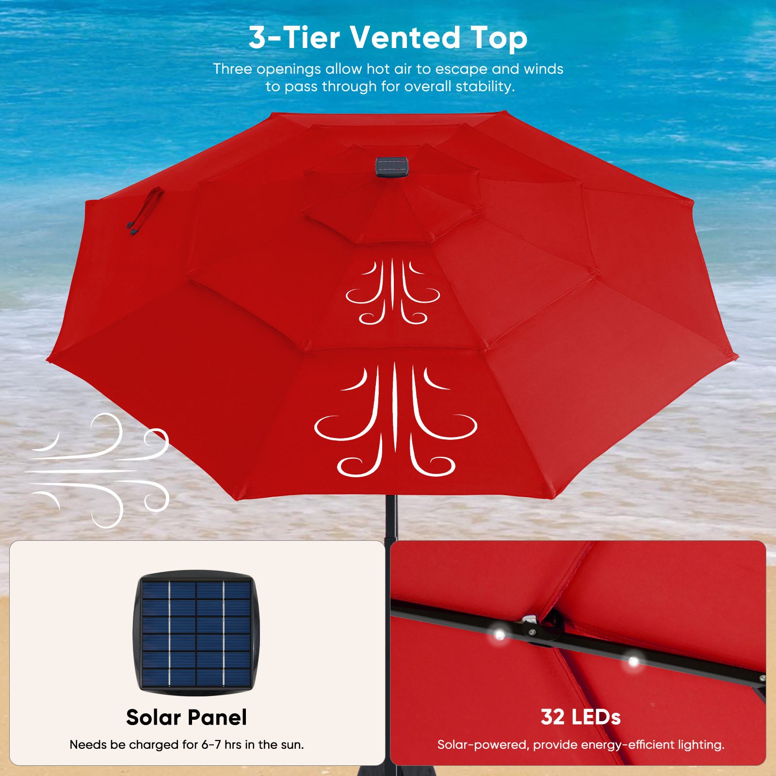 edx 10ft 3-Tier Solar LED Patio Umbrella with Tilt Adjustment and UV-Resistant Polyester Fabric, Outdoor Market Umbrella, Khaki