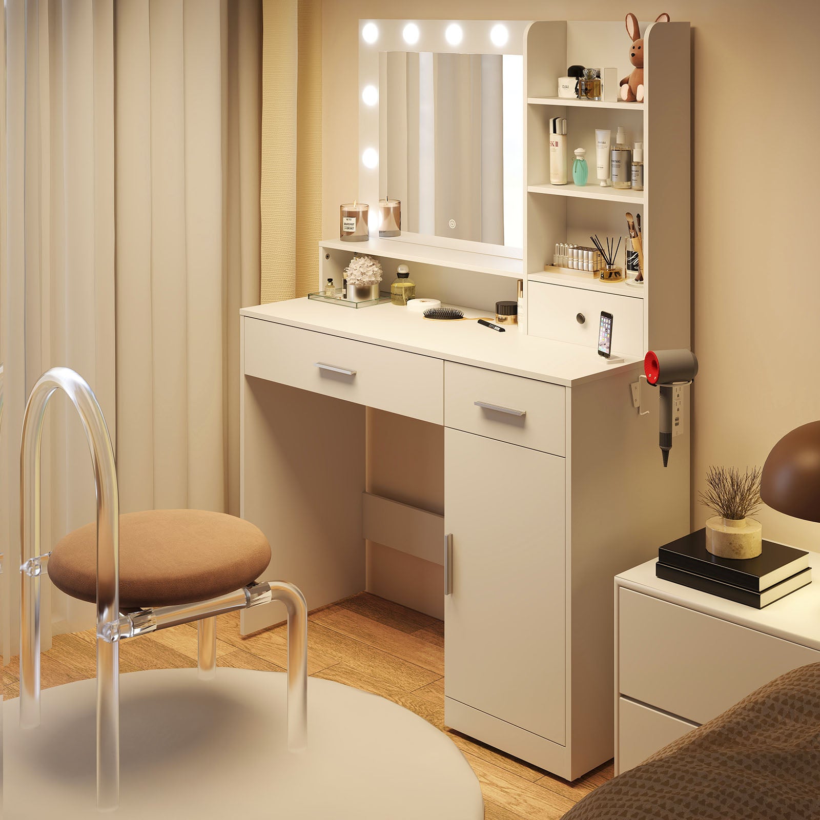 Vanity Desk with Mirror, Makeup Vanity Table with 3 Color Light Options Adjustable Brightness for Bedroom Dressing Room, White