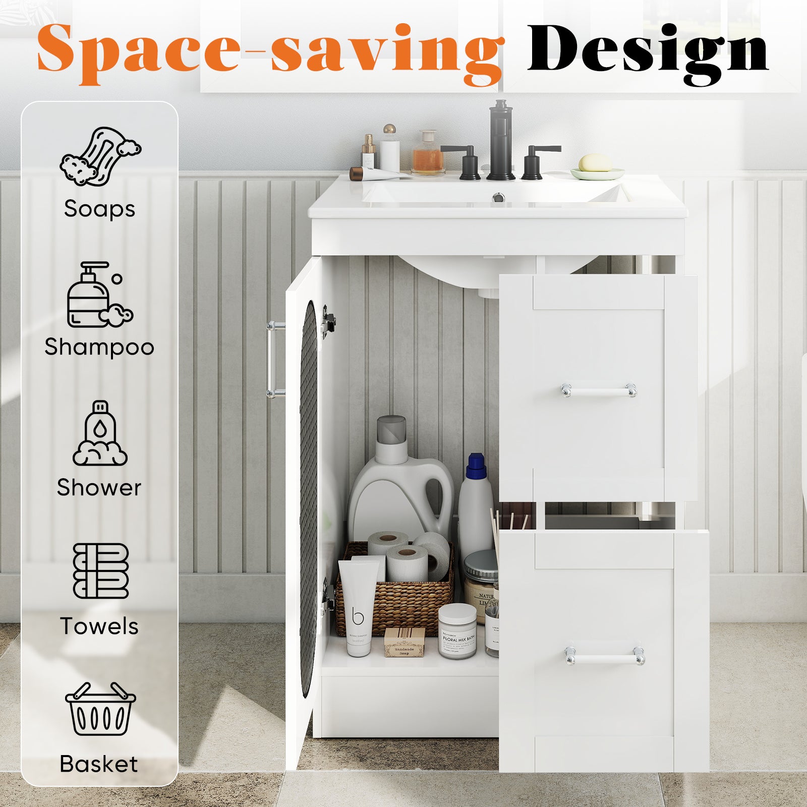 EDX Bathroom Vanity, Freestanding Modern Cabinet with Sink, White