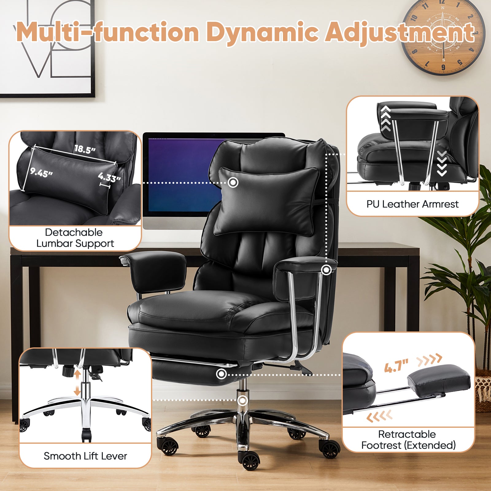 Executive Ergonomic Home Office Chair with Footrest & Lumbar Support, Big Tall High Back, PU Leather, Adjustable & Swivel