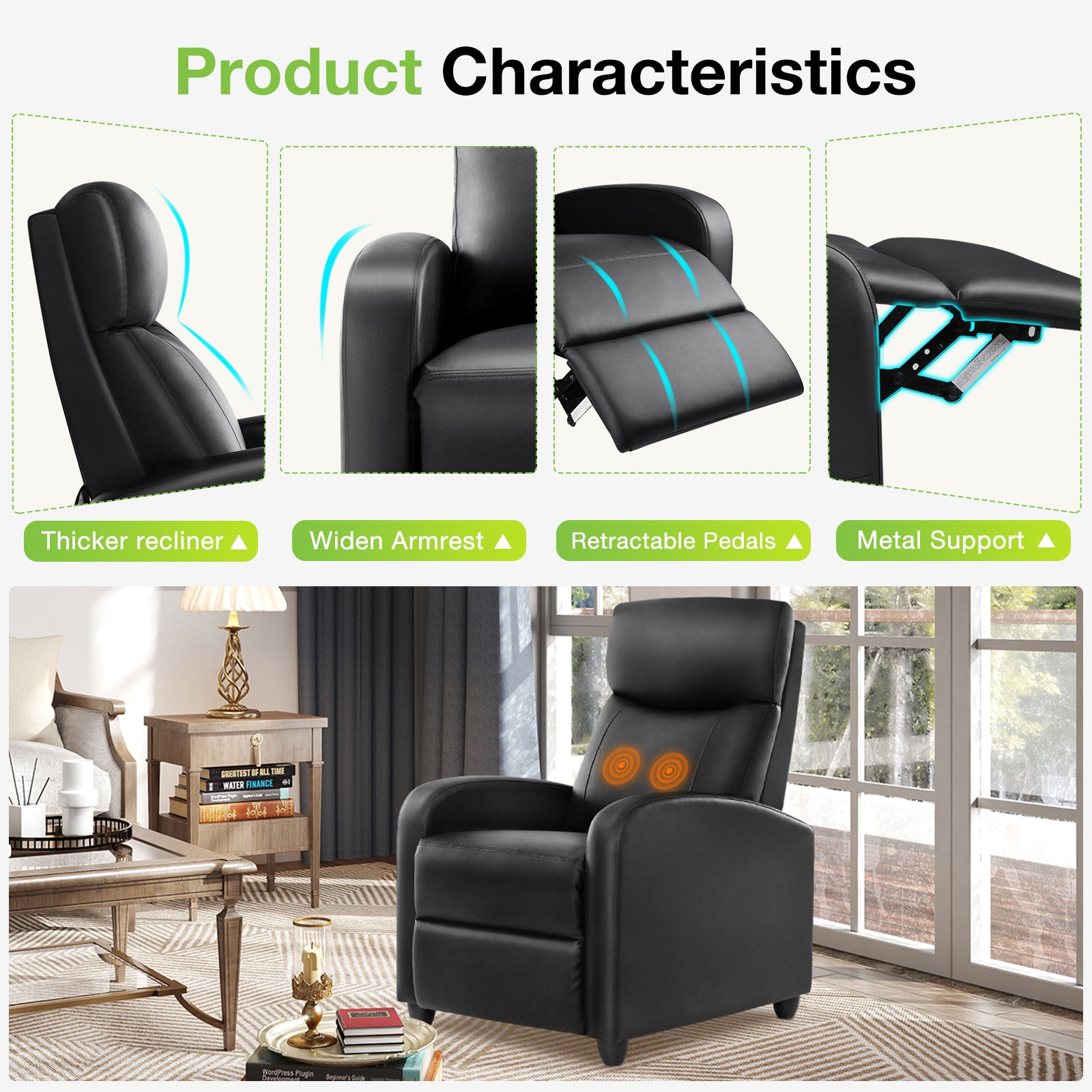 ZUNMOS Manual Recliner Chair Winback Single Sofa,Massage and Heating,Casual Chair For Living Room