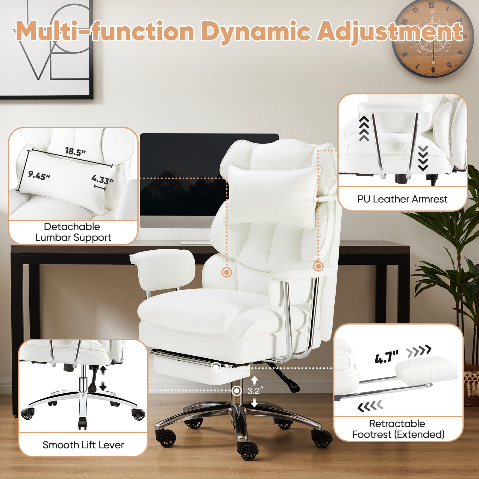 Executive Ergonomic Home Office Chair with Footrest & Lumbar Support, Big Tall High Back, PU Leather, Adjustable & Swivel