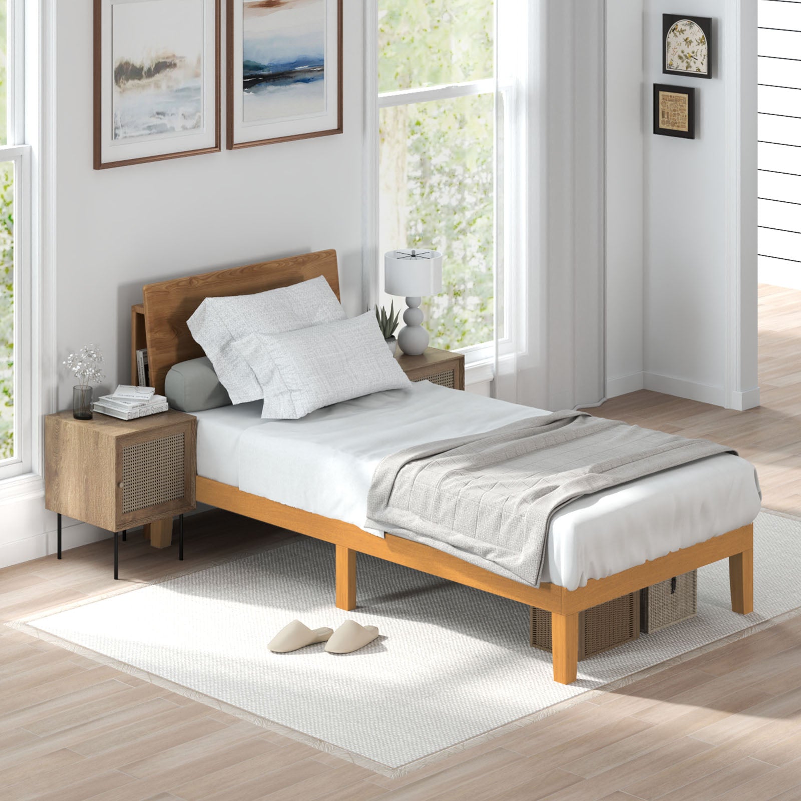 Wood Bed Frame, No Spring Needed, 12in Wooden Platform Bed Frame Mattress Foundation with Support Slats, Natural Pine