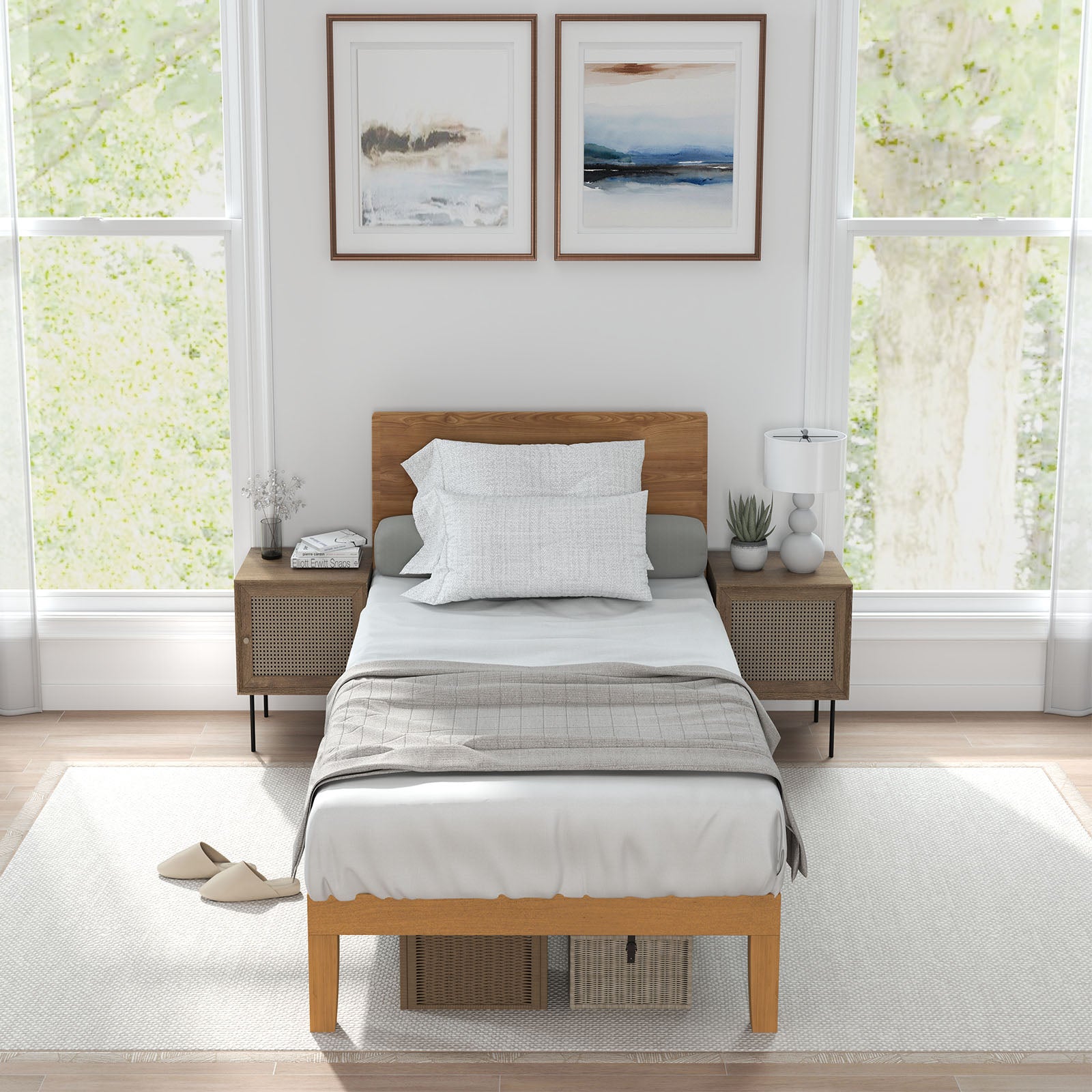 Wood Bed Frame, No Spring Needed, 12in Wooden Platform Bed Frame Mattress Foundation with Support Slats, Natural Pine