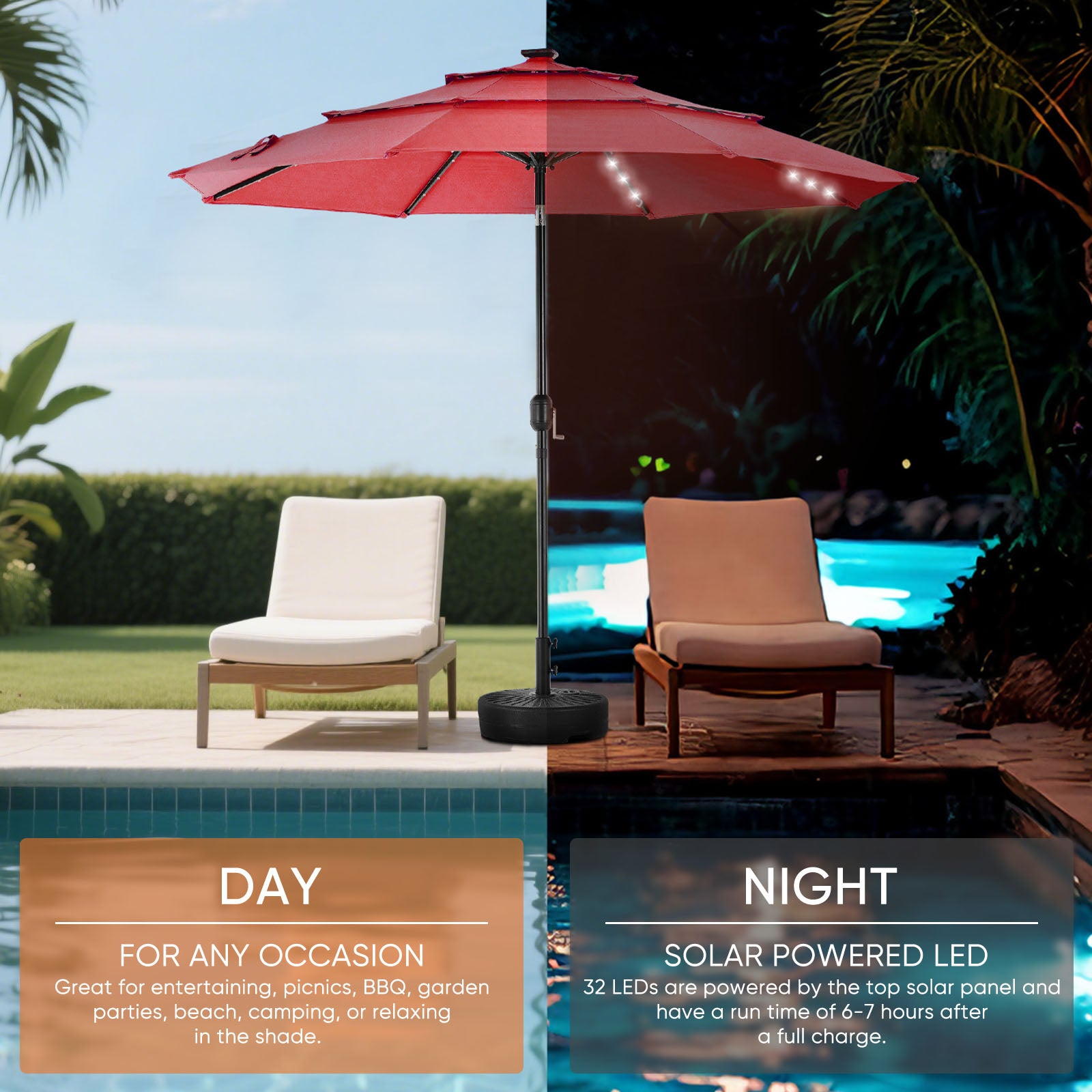 edx 10ft 3-Tier Solar LED Patio Umbrella with Tilt Adjustment and UV-Resistant Polyester Fabric, Outdoor Market Umbrella, Khaki