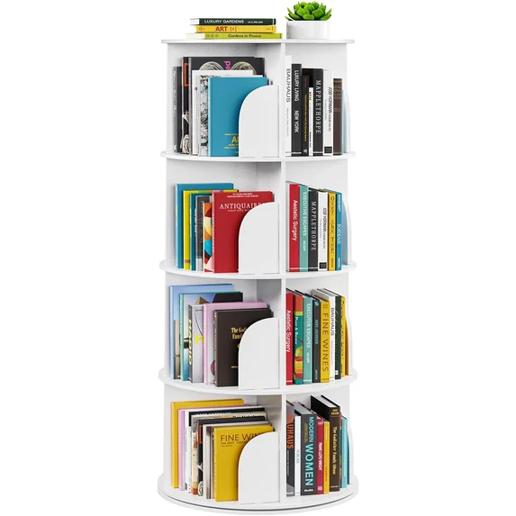 EDX Rotating Bookshelf Tower, Revolving 360 Book Shelf Storage Round Carousel, Vertical Rotate Turning Spiral Corner Organizer, White
