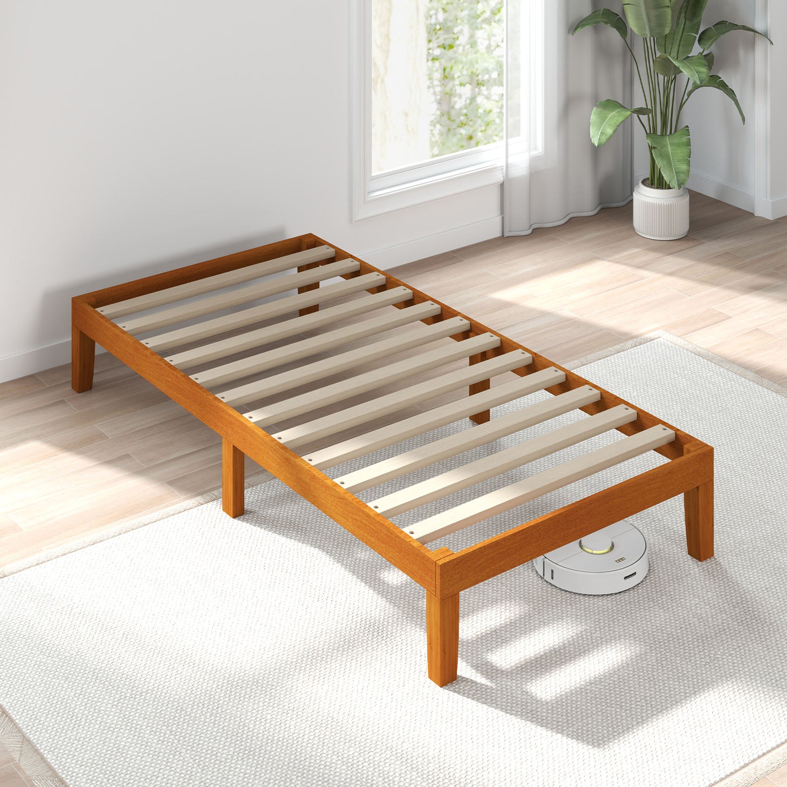 Wood Bed Frame, No Spring Needed, 12in Wooden Platform Bed Frame Mattress Foundation with Support Slats, Natural Pine
