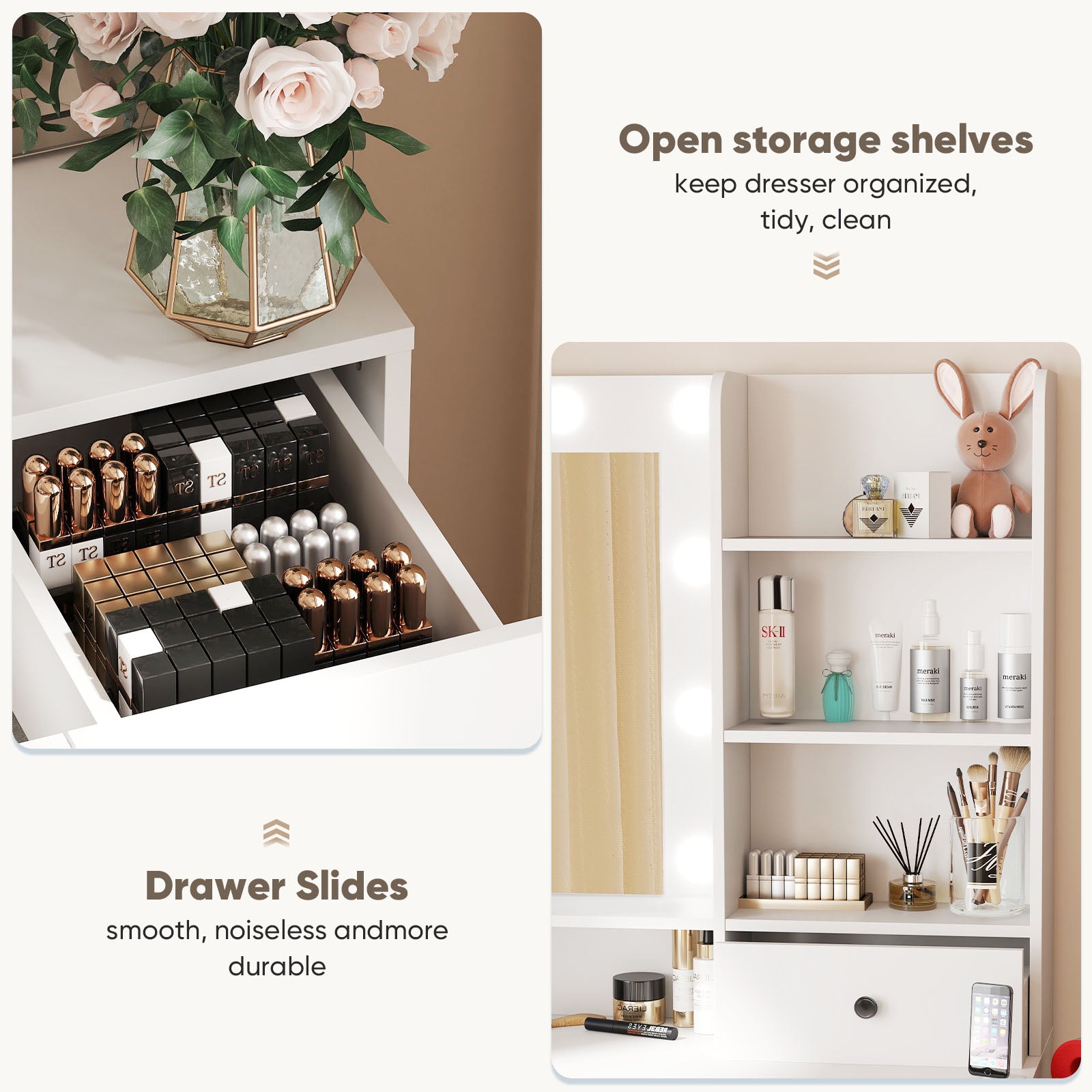 Vanity Desk with Mirror, Makeup Vanity Table with 3 Color Light Options Adjustable Brightness for Bedroom Dressing Room, White