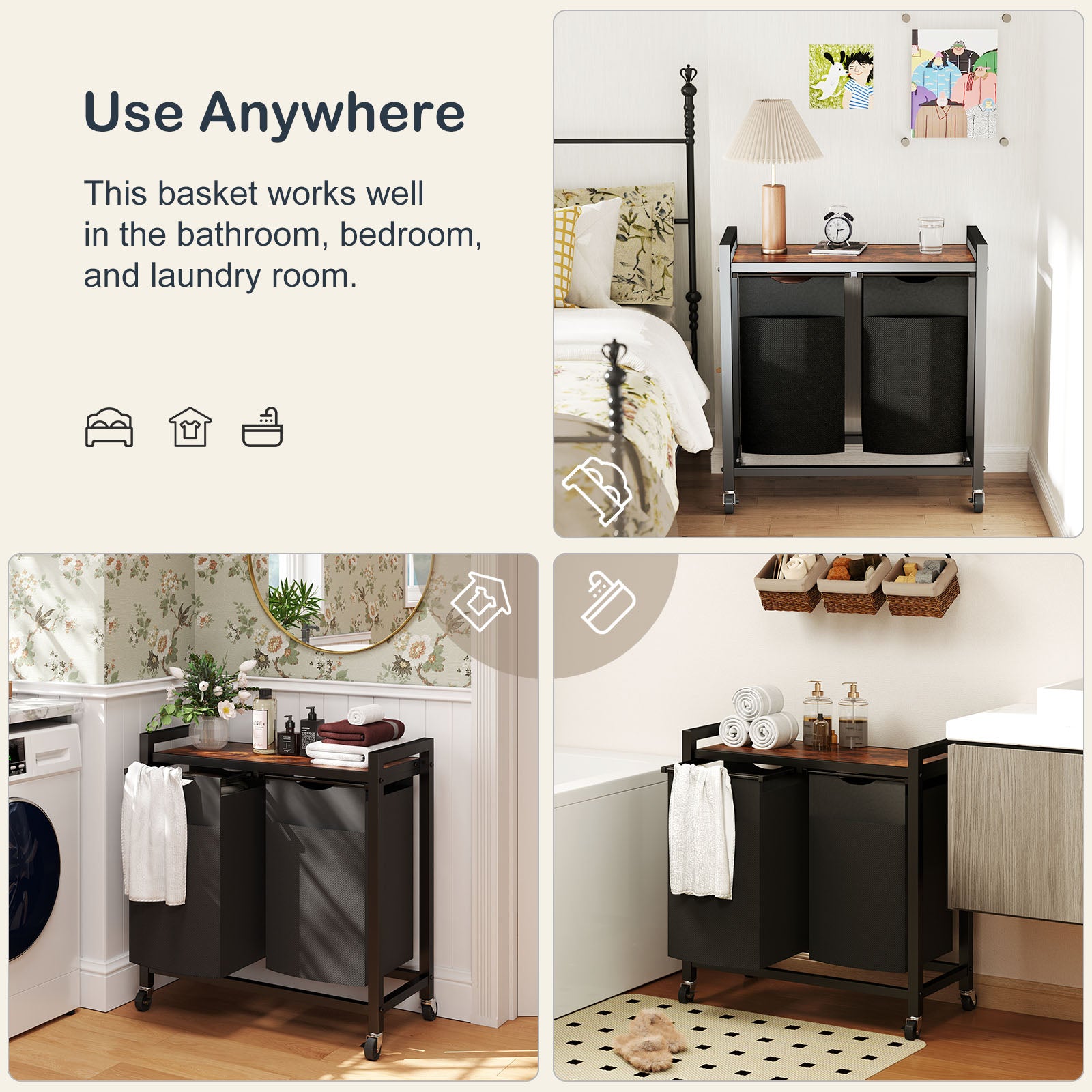 Laundry Hamper with 2 Pull-Out Removable Laundry Bags Clothes Sorter with Shelf and Wheels(Adjustable feet), 2 x 11.2 Gallons (42.5 Liters) for Laundry Rooms, Bathrooms and Dorms