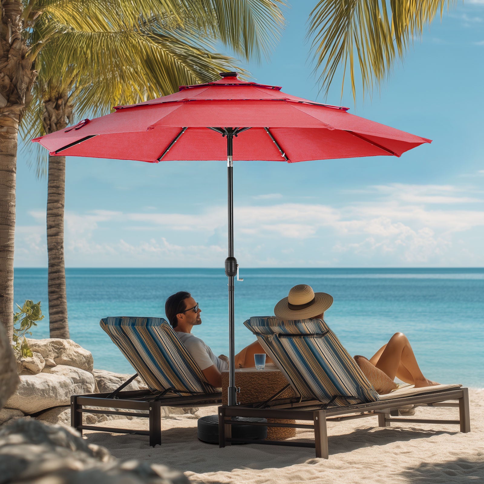 edx 10ft 3-Tier Solar LED Patio Umbrella with Tilt Adjustment and UV-Resistant Polyester Fabric, Outdoor Market Umbrella, Khaki