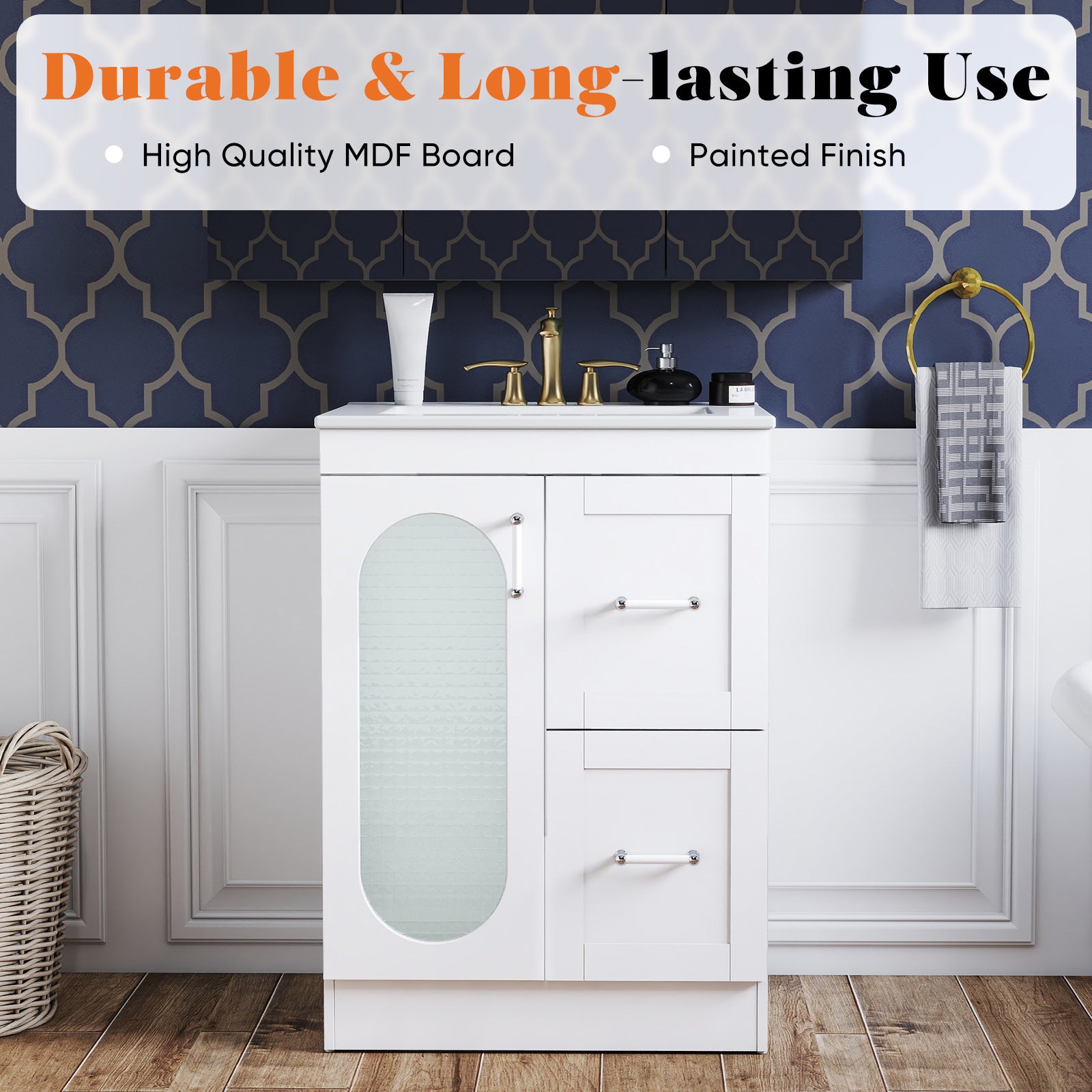 EDX Bathroom Vanity, Freestanding Modern Cabinet with Sink, White