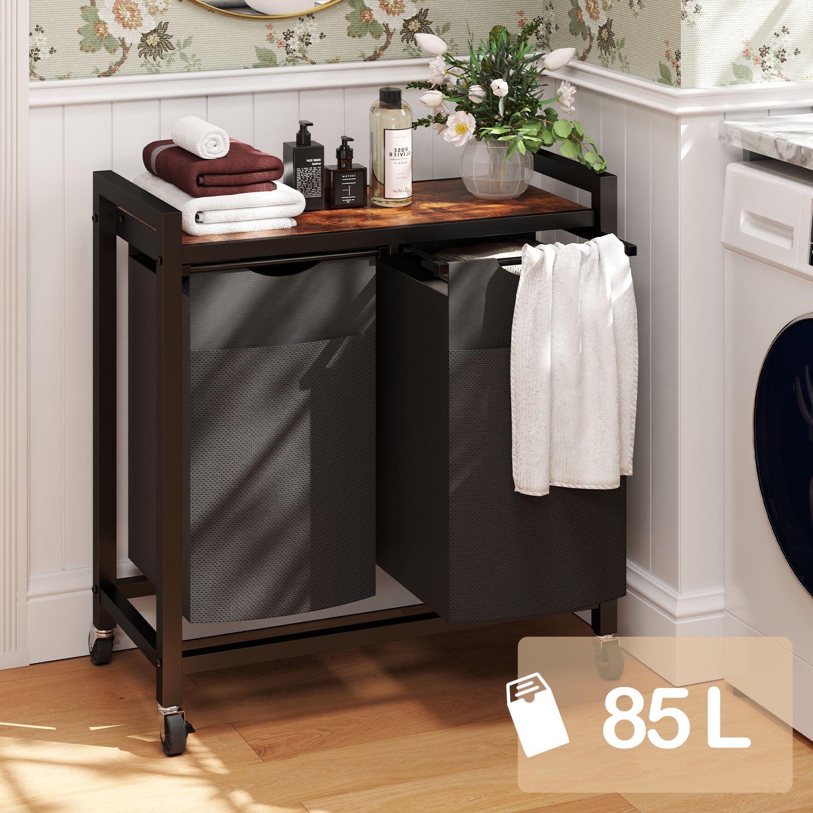 Laundry Hamper with 2 Pull-Out Removable Laundry Bags Clothes Sorter with Shelf and Wheels(Adjustable feet), 2 x 11.2 Gallons (42.5 Liters) for Laundry Rooms, Bathrooms and Dorms