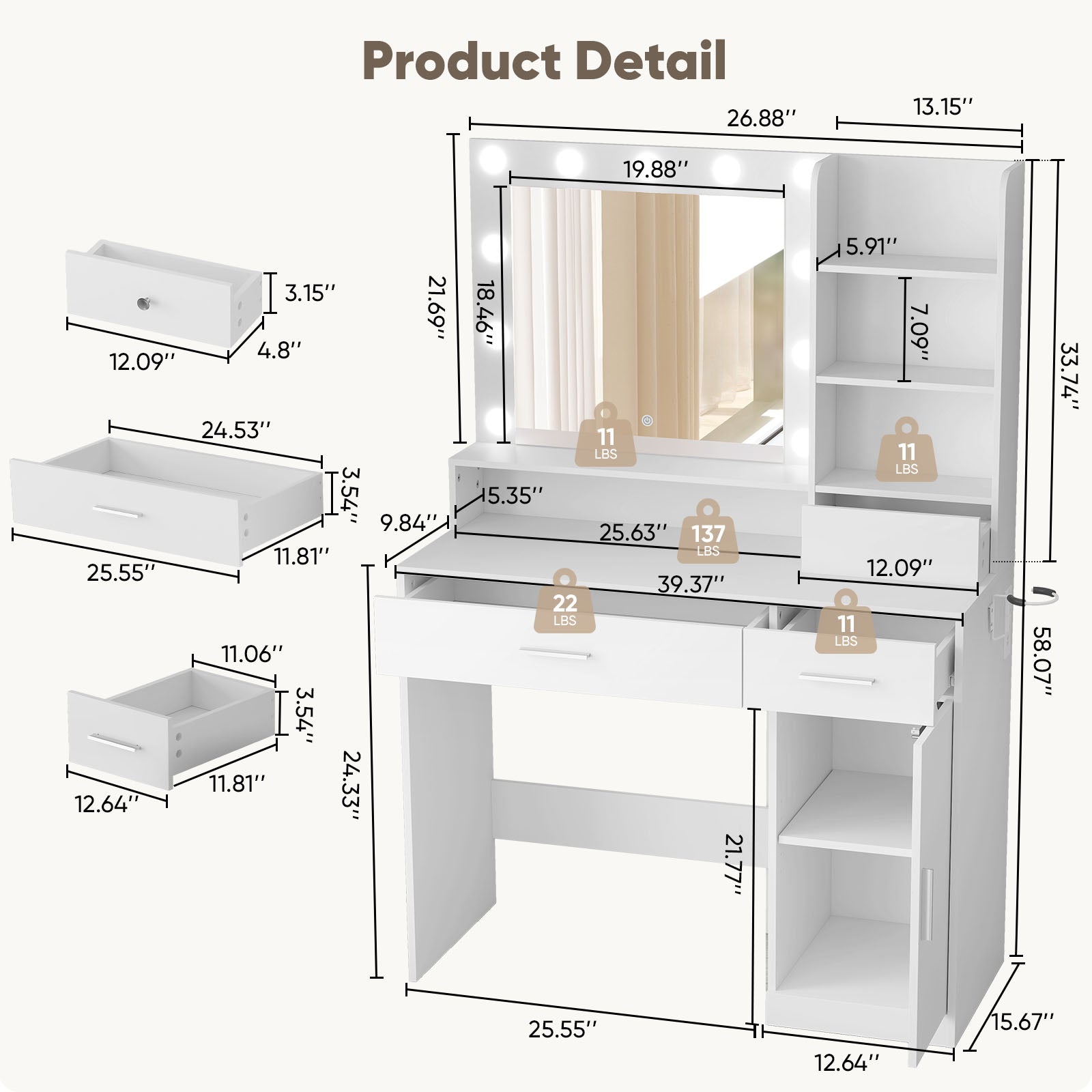 Vanity Desk with Mirror, Makeup Vanity Table with 3 Color Light Options Adjustable Brightness for Bedroom Dressing Room, White