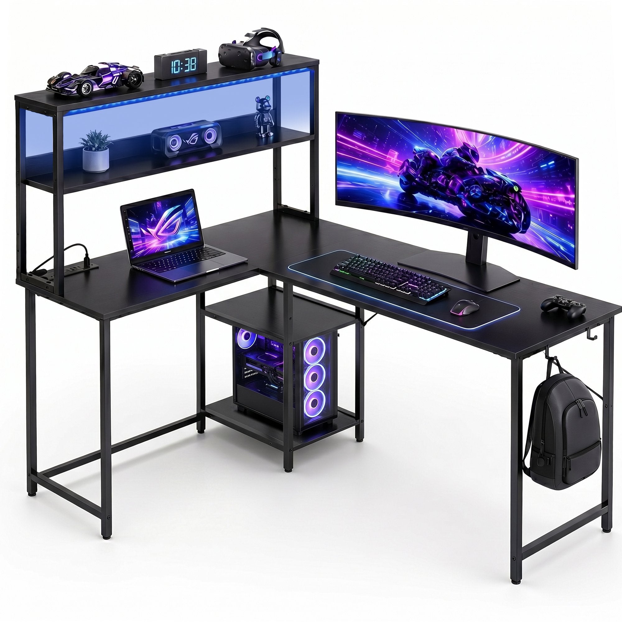 edx L shaped computer desk with RGB LED Light,Black
