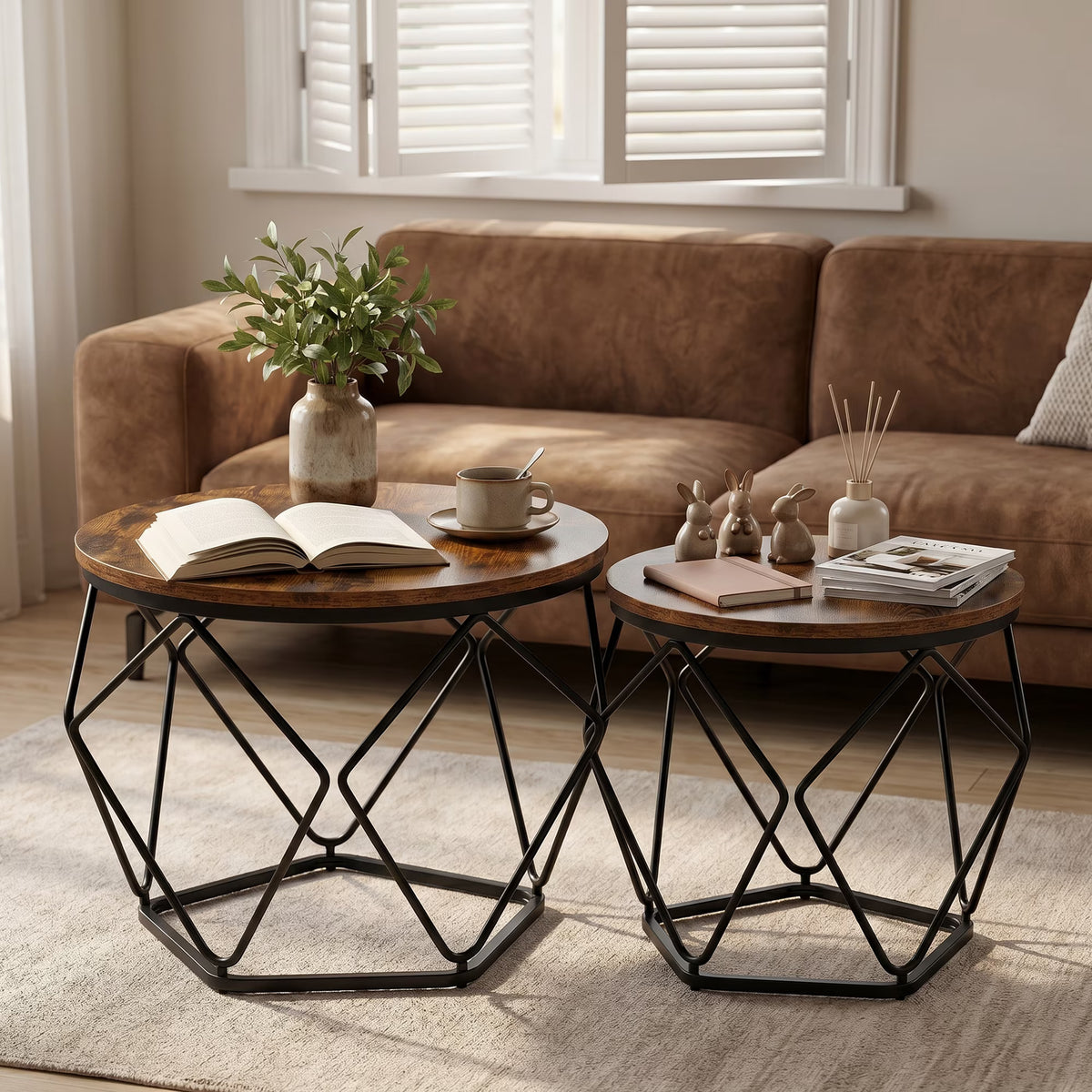 ZUNMOS 20-Inch Round Side Table, 2-Pack - Small Accent End Tables for Living Room, Bedroom, Dorm - Set of 2 Round Nesting Tables, Rustic Wood
