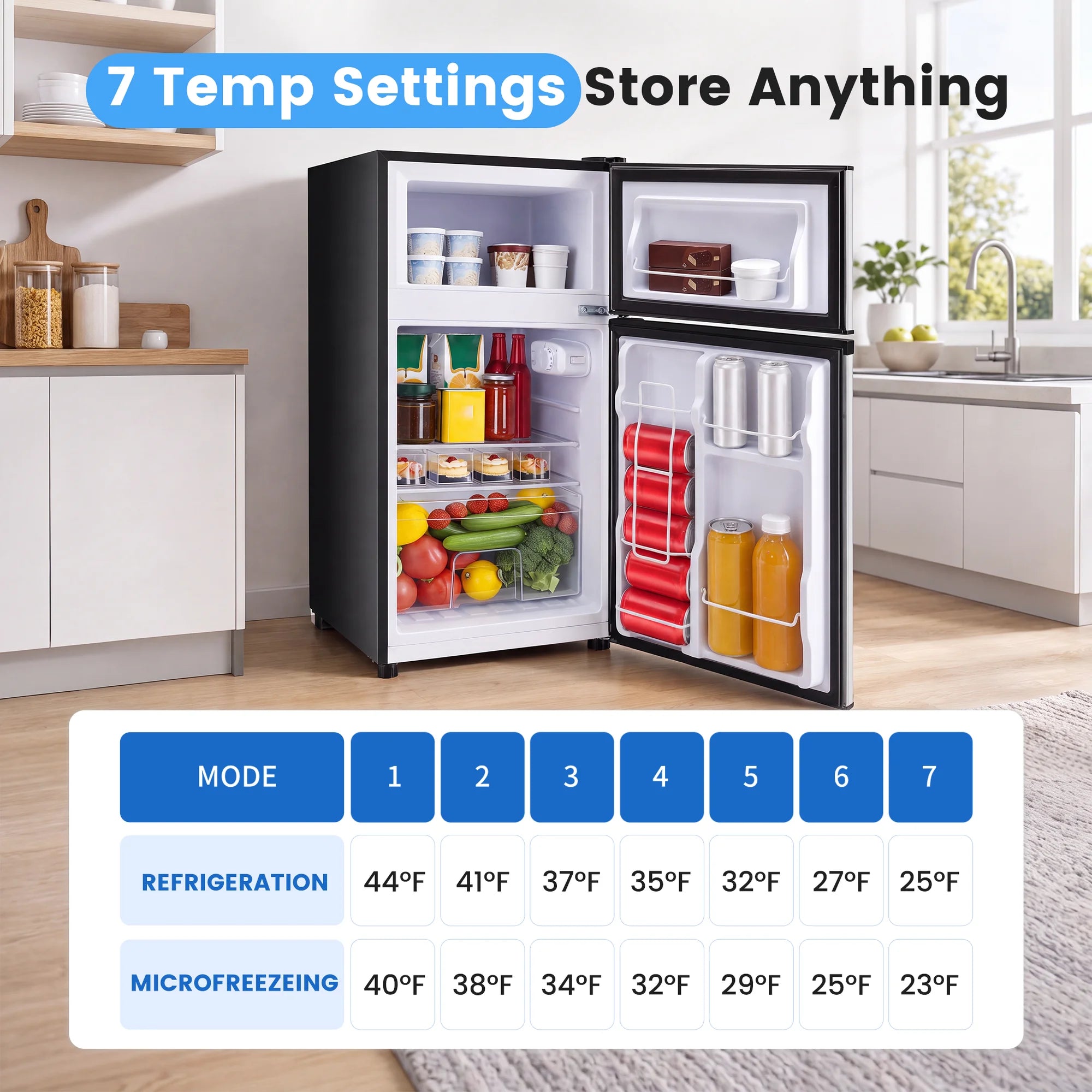 edx 2.5 Cu ft Two Door Mini Fridger with Freezer, Compact Small Refrigerator with 7-speed adjustable temperature control, Black