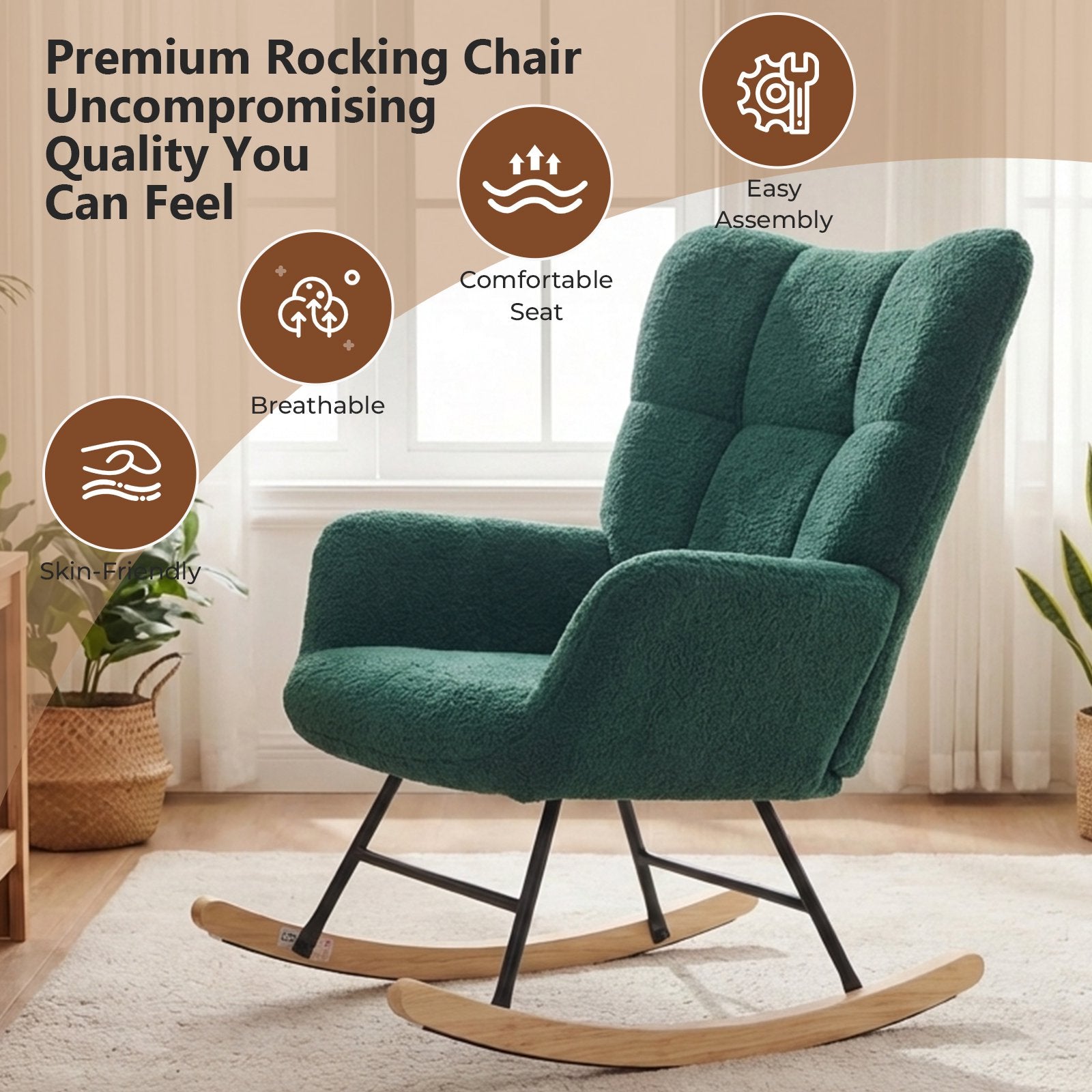 EDX Teddy Upholstered Rocking Accent Chair with Winged Back, Cozy Indoor Glider Seat for Reading, Bedroom, Living Room or Office