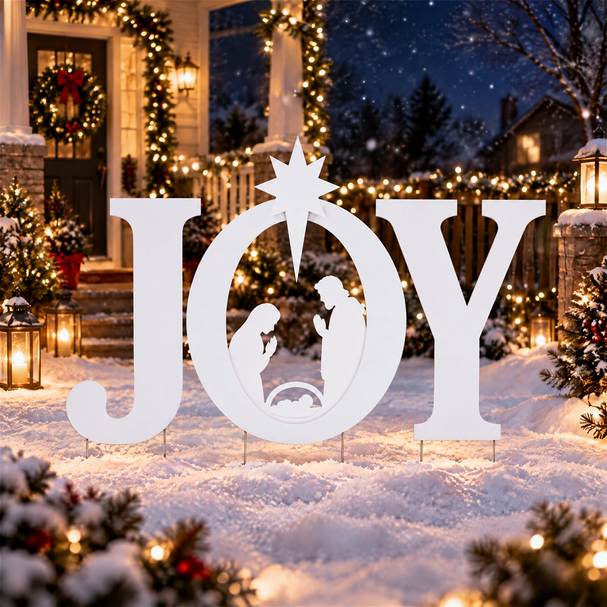 EDX 46in Christmas JOY Yard Decoration, Outdoor Nativity Scene with PVC Letters, Holy Family Silhouette and Ground Stakes for Lawn, Garden and Holiday Decor