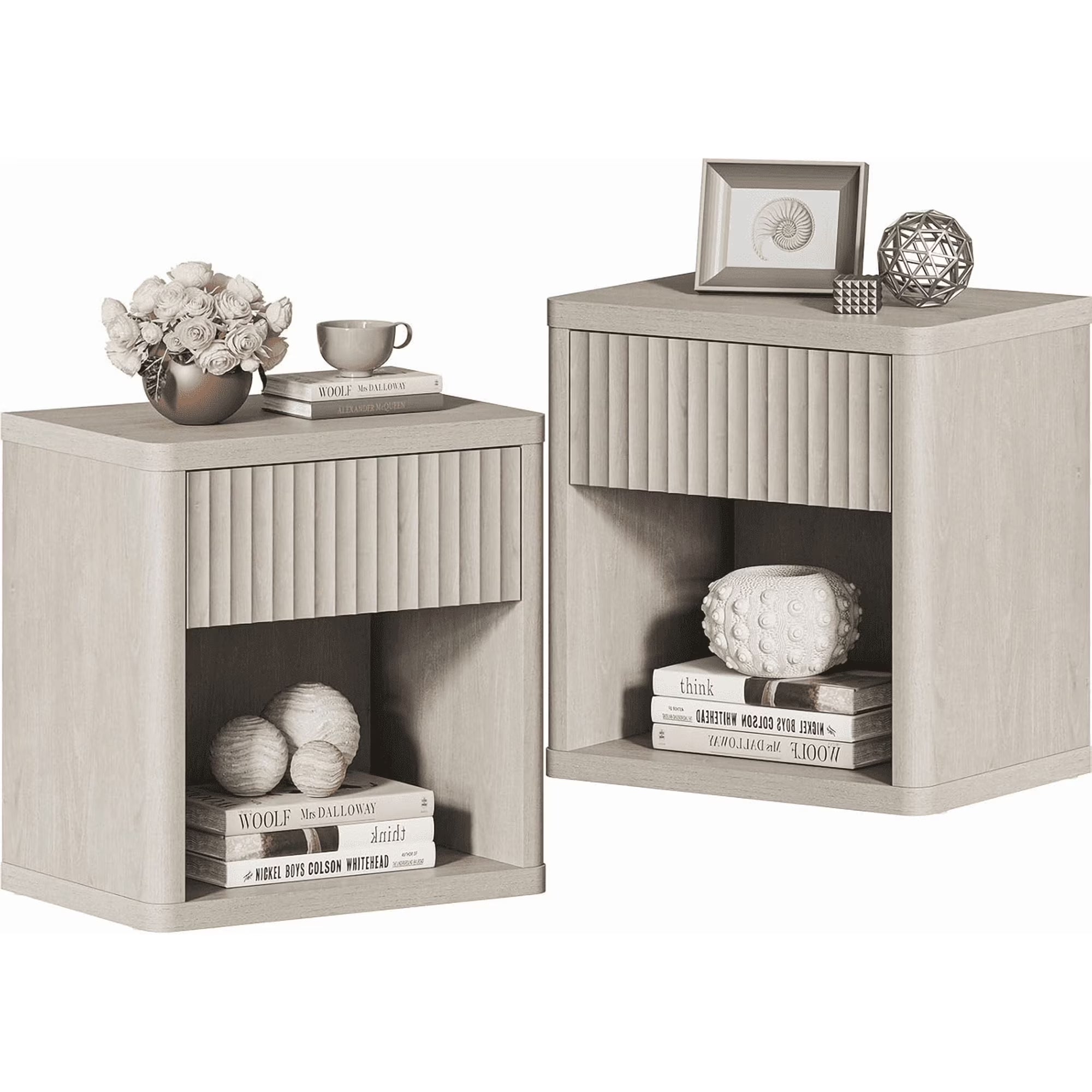 edx Nightstand with Charging Station, Modern Bedside Table, 2 Drawers & Open Shelf, for Bedroom, Office and Small Spaces, Accent Night Stand with Easy Assembly