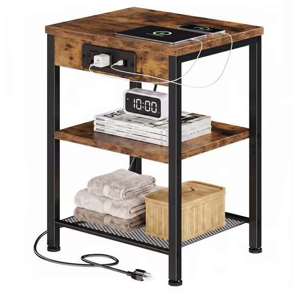 edx 3-Tier Nightstand with Charging Station, Adjustable Height Bedside Table with Storage Shelf, for Bedroom & Living Room, Easy Assembly, 55 LBS Capacity, Rustic Wood