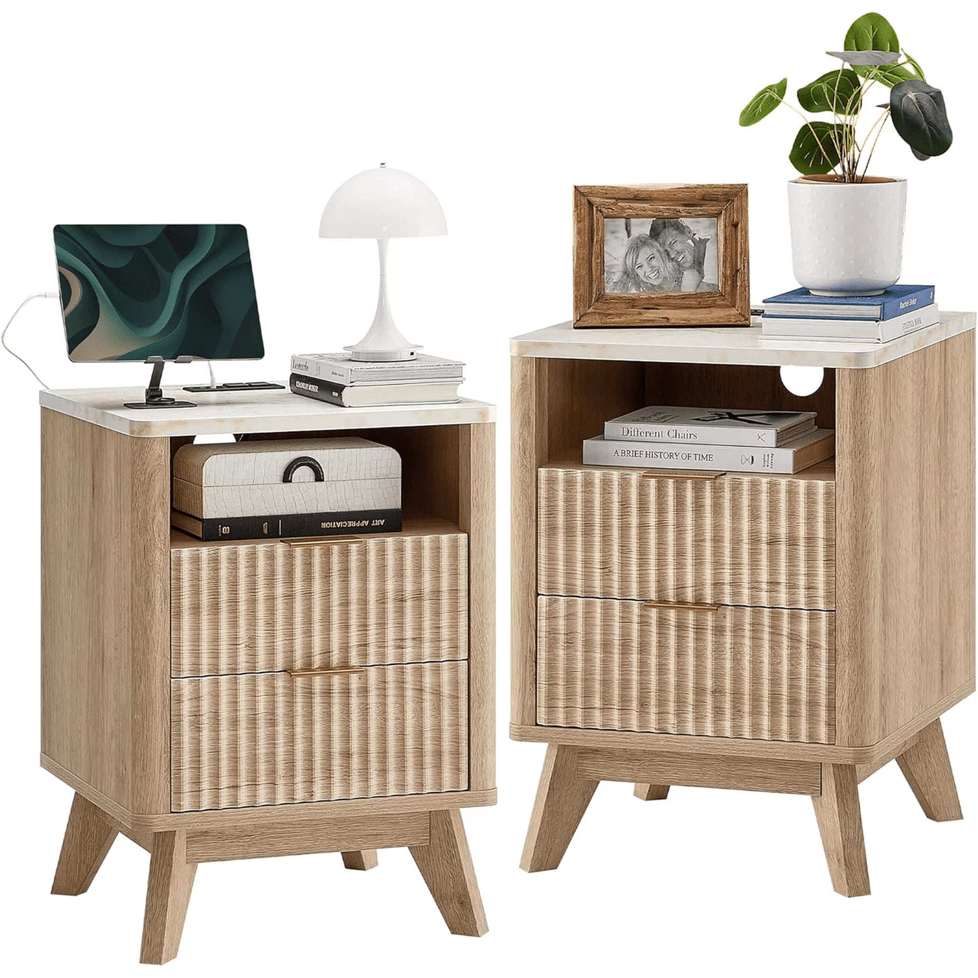 edx Nightstand with Charging Station, Modern Bedside Table, 2 Drawers & Open Shelf, for Bedroom, Office and Small Spaces, Accent Night Stand with Easy Assembly