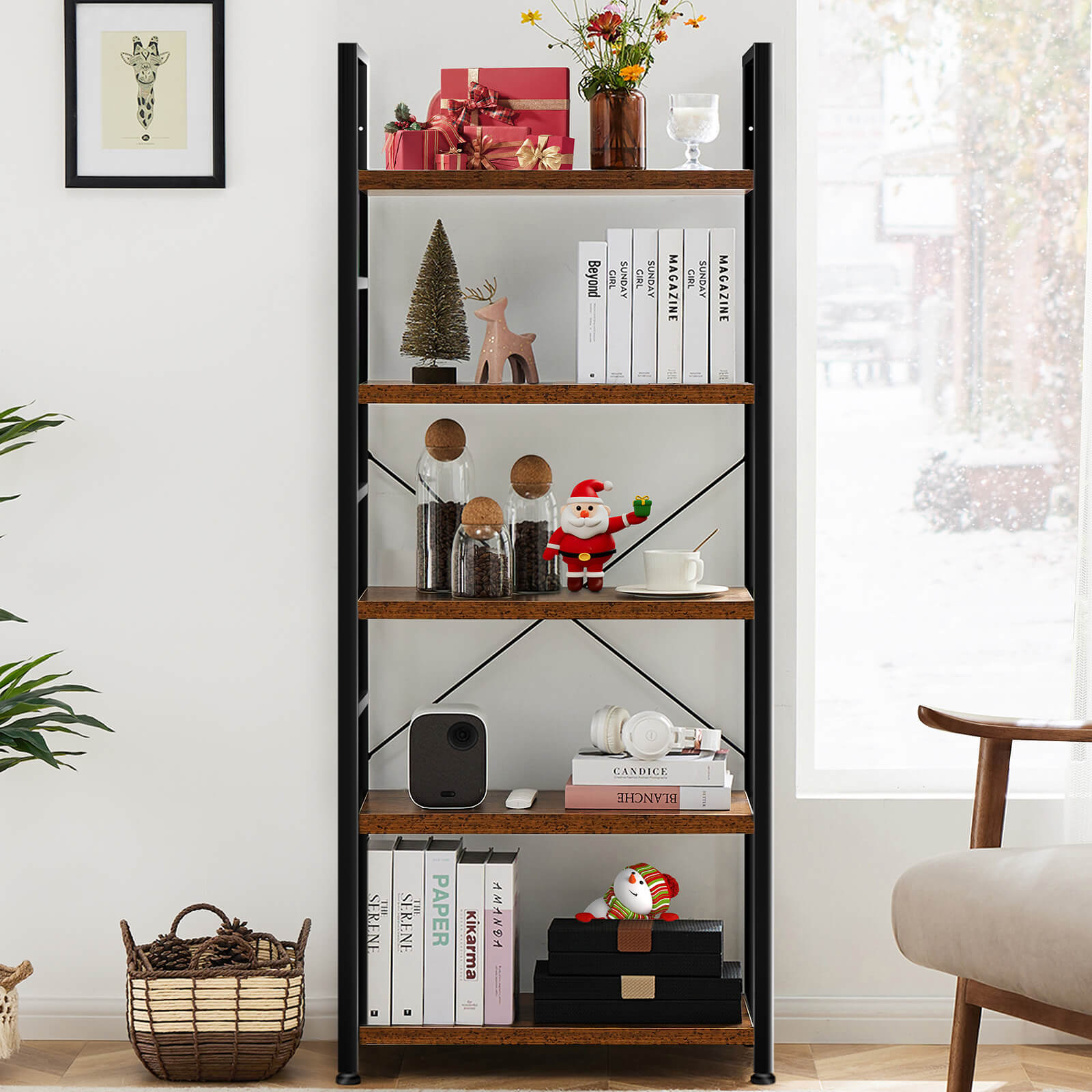 5-Tier Bookcase - Tall Bookshelf Modern Book Case for Books, Garage Kit, CDs, Movies, for Bedroom Home Office Kitchen Living Room