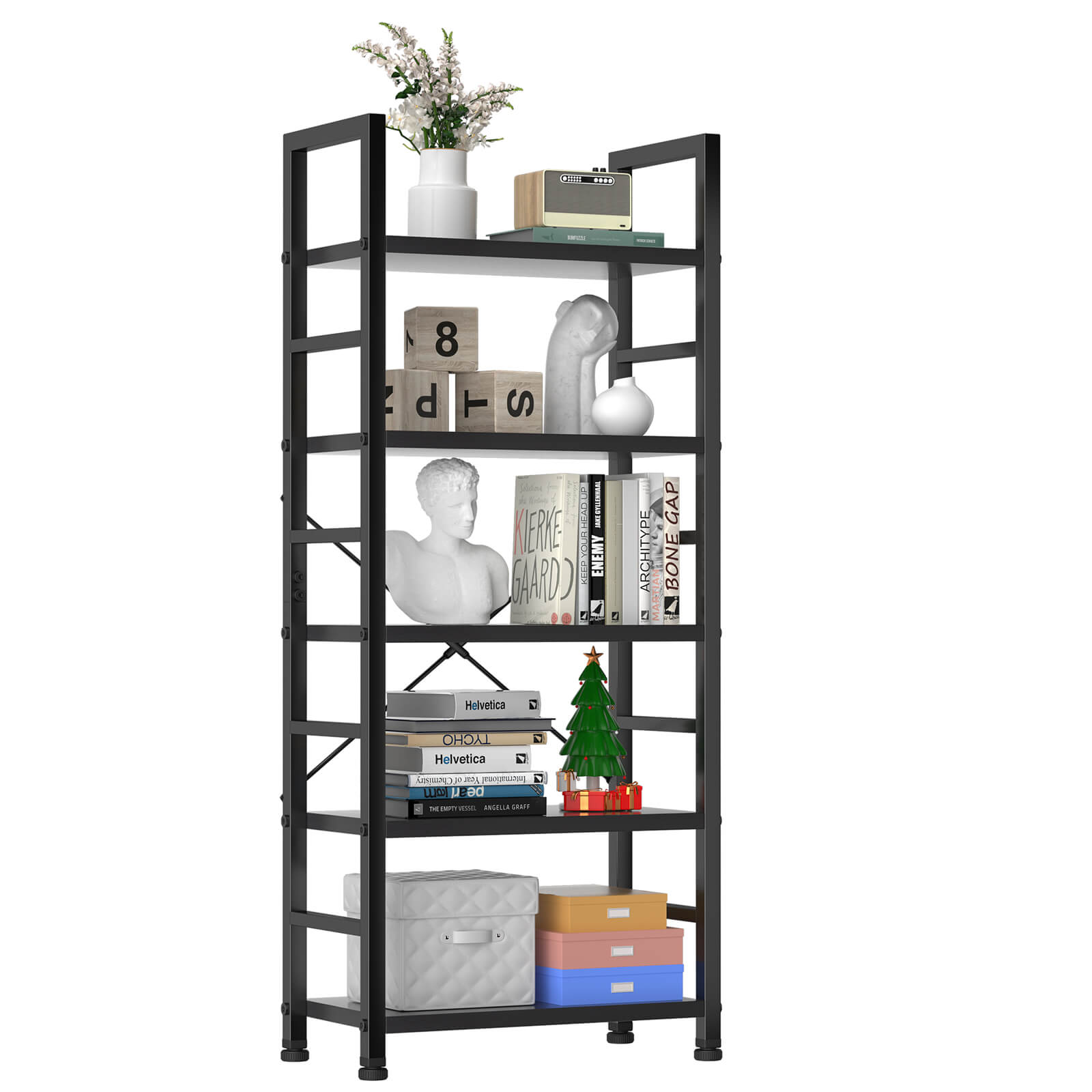 5-Tier Bookcase - Tall Bookshelf Modern Book Case for Books, Garage Kit, CDs, Movies, for Bedroom Home Office Kitchen Living Room