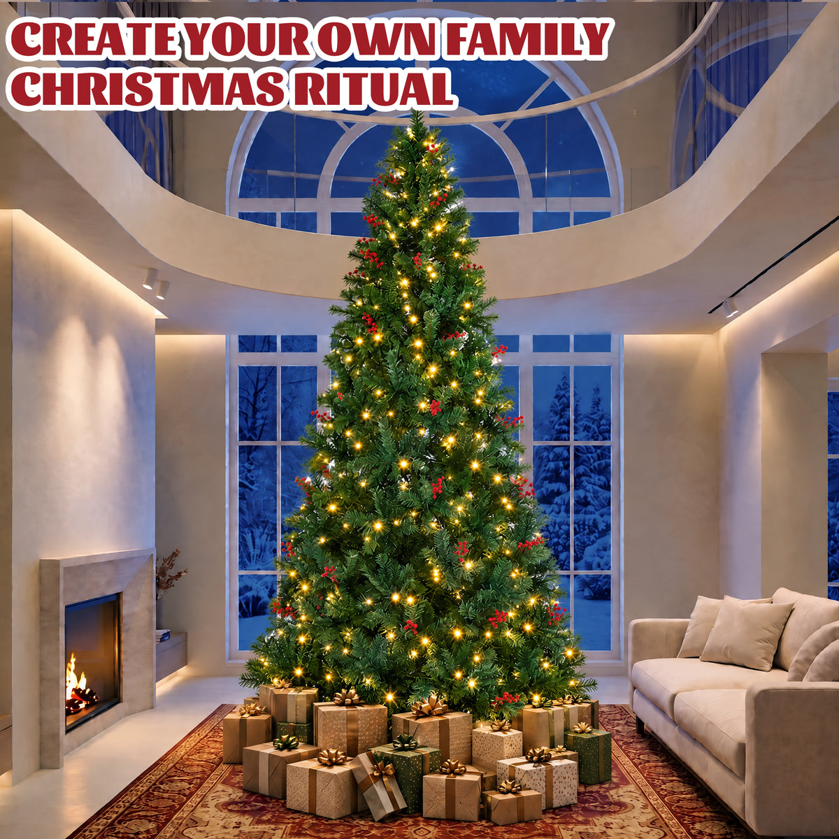 EDX Pre-lit Artificial Christmas Tree, Prelighted Green Artificial Xmas Tree with Red Berries, 120 Warm White LED Lights, Branch Tips & Foldable Base, For Home, Office, Party Decoration
