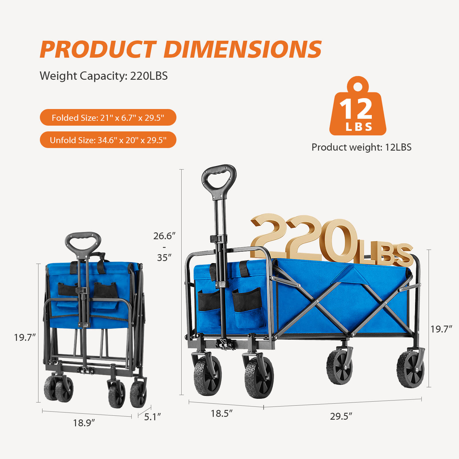 edx Collapsible Foldable Wagon Cart-with All-Terrain Wheels, Heavy Duty Utility Grocery Wagon with Drink Holders for Shopping Sports Camping