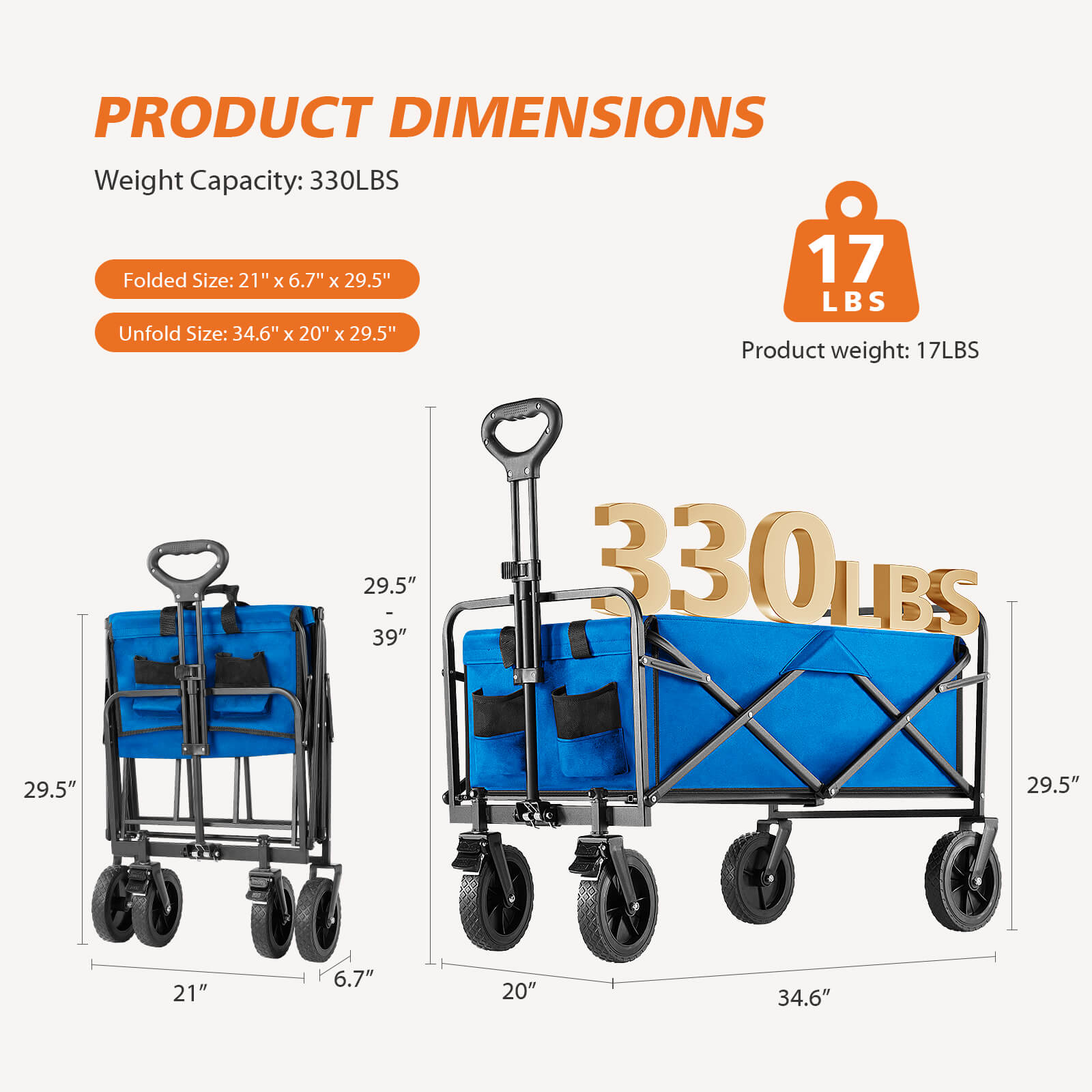edx Collapsible Foldable Wagon Cart-with All-Terrain Wheels, Heavy Duty Utility Grocery Wagon with Drink Holders for Shopping Sports Camping