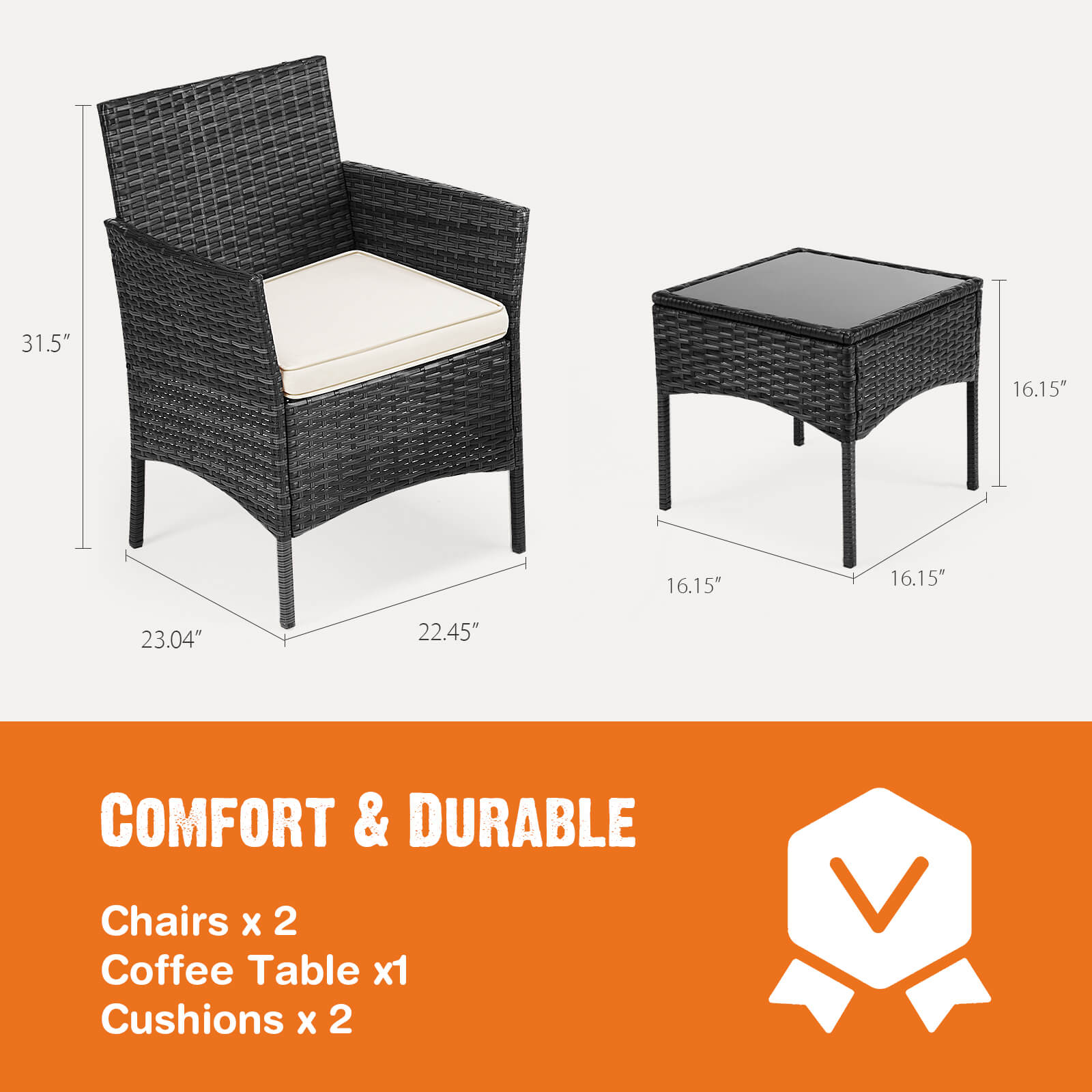 edx 3 Piece Patio Wicker Furniture Set , Patio Chair w/ Table w/ Cushions, Simple Modern Comfort