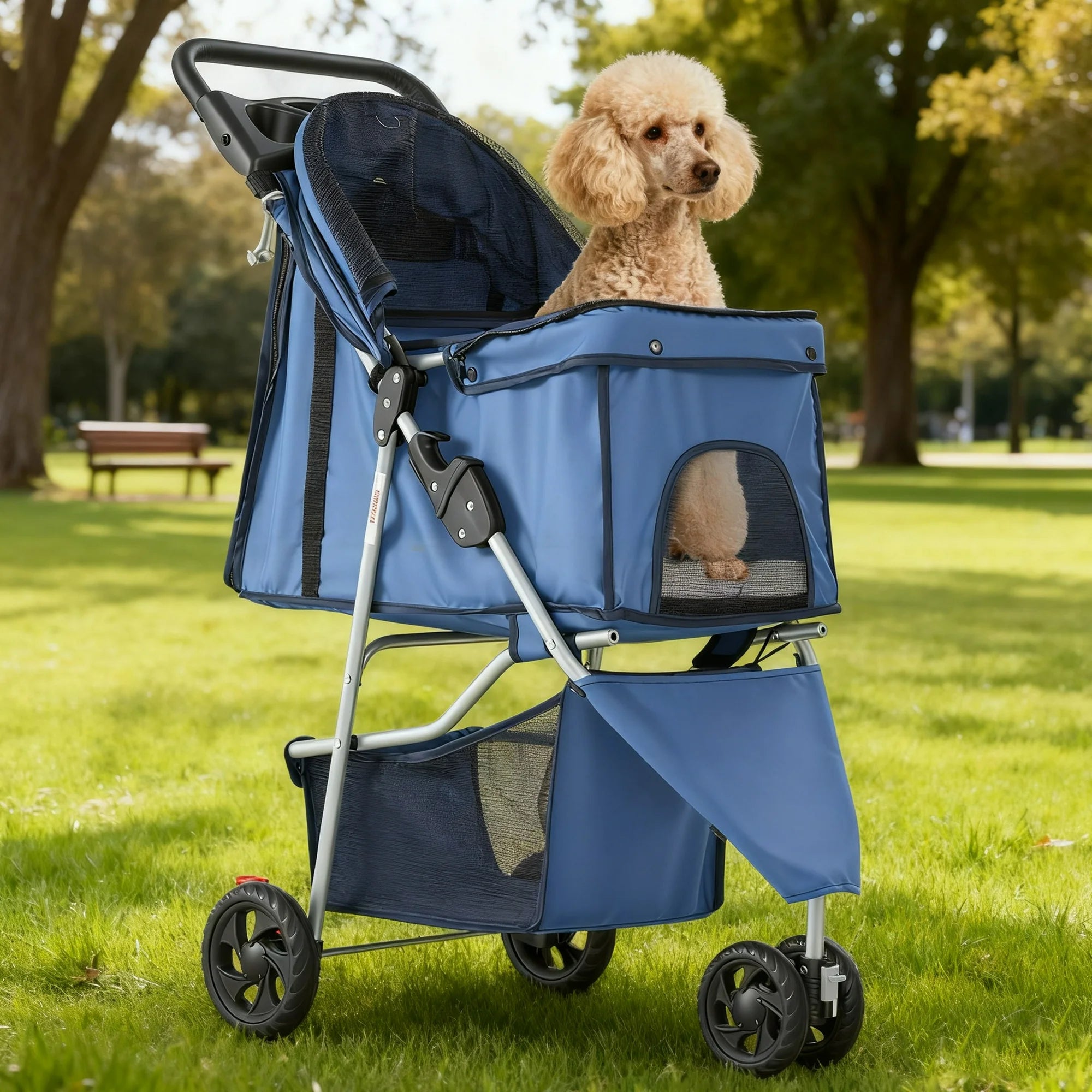 edx 3 Wheels Pet Stroller, Dog and Cat Strollers, With Storage Basket and Cup Holder, Lightweight Travel Carrier, Breathable Mesh, Waterproof and Foldable for Small Pets Outdoor Walk