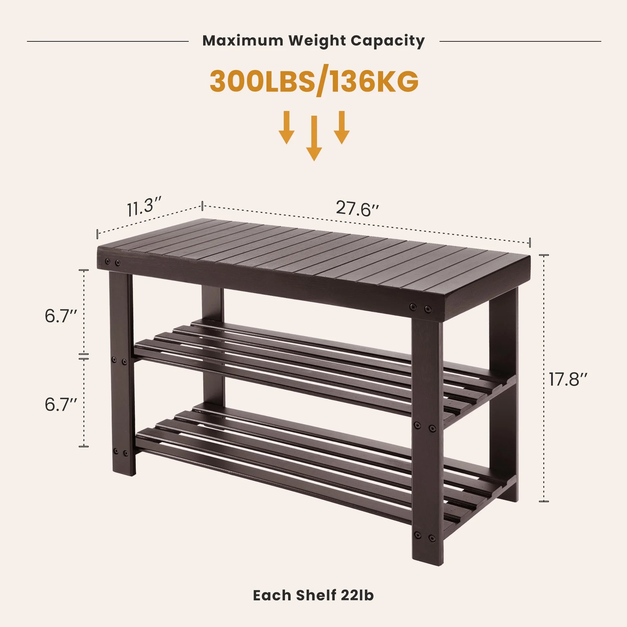 ZUNMOS 3-Tier Bamboo Shoe Rack Bench, 11.3 x 27.6 x 17.8 Inches Compact Storage Organizer with 286lb Capacity for Entryway, Bedroom and Living Room